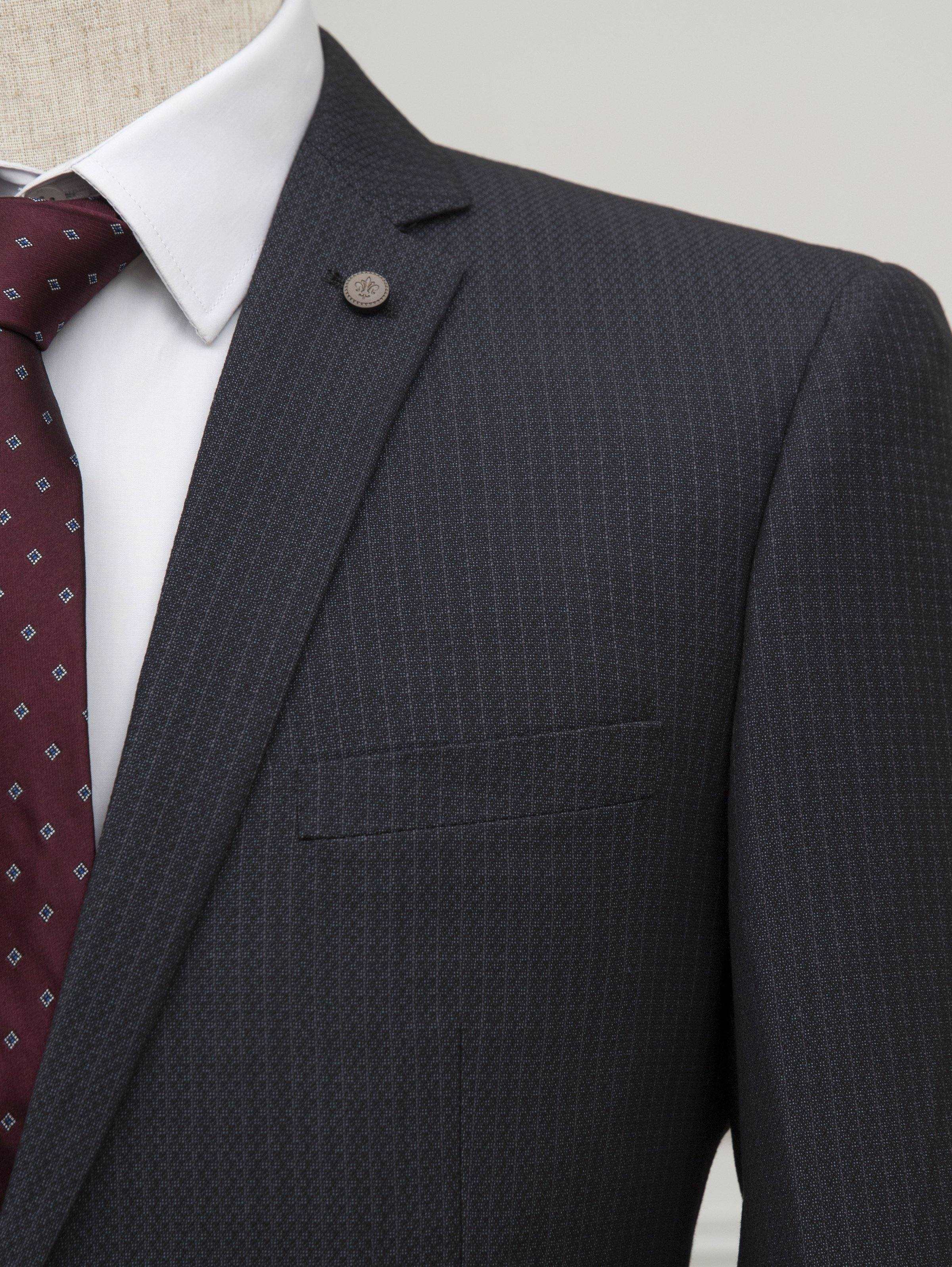 Black and gray textured suit jacket with notch lapel and welt pocket