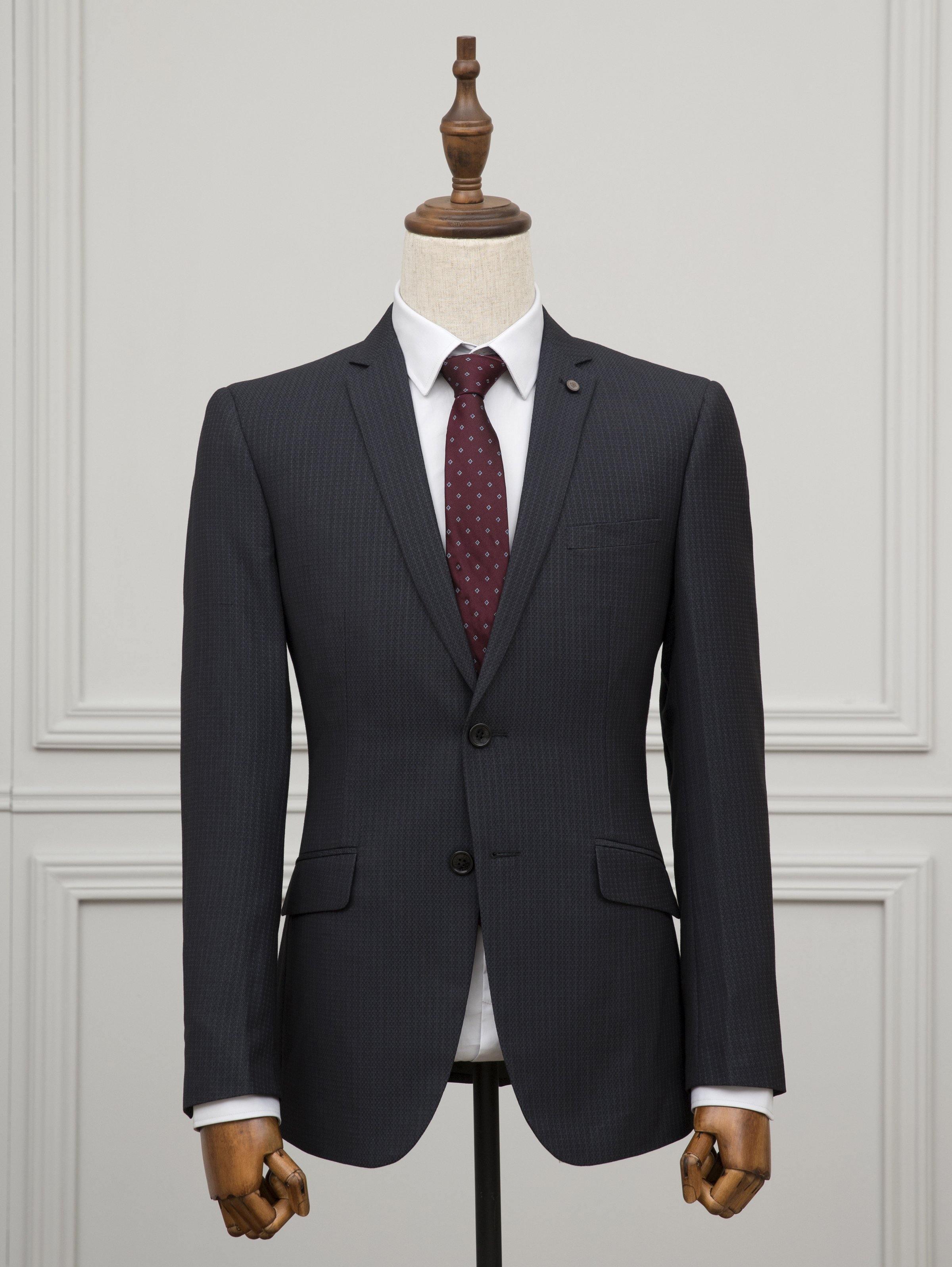 Two-piece suit jacket with matching vest, maroon patterned tie