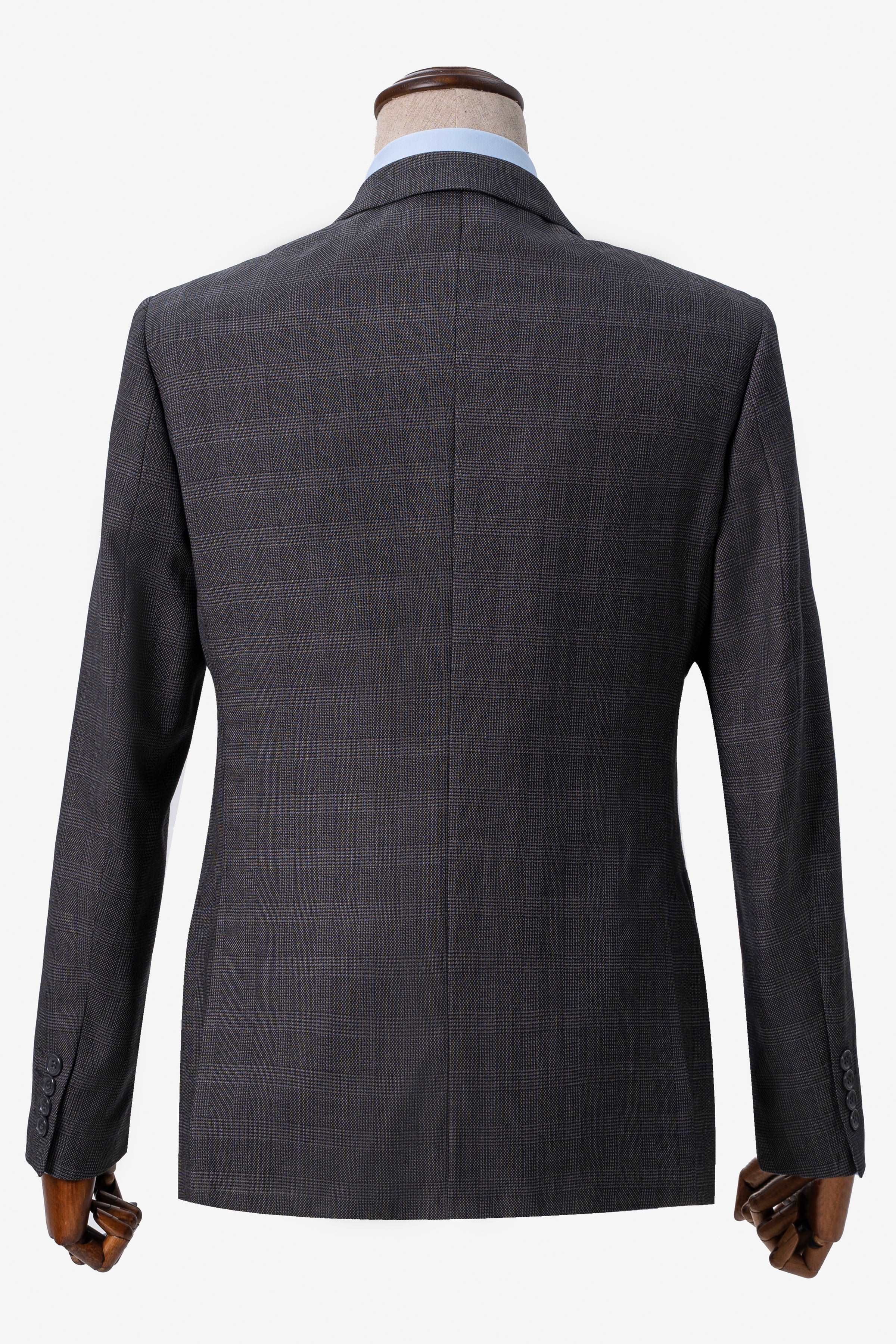 Dark grey suit jacket back view with center seam and fitted shoulders