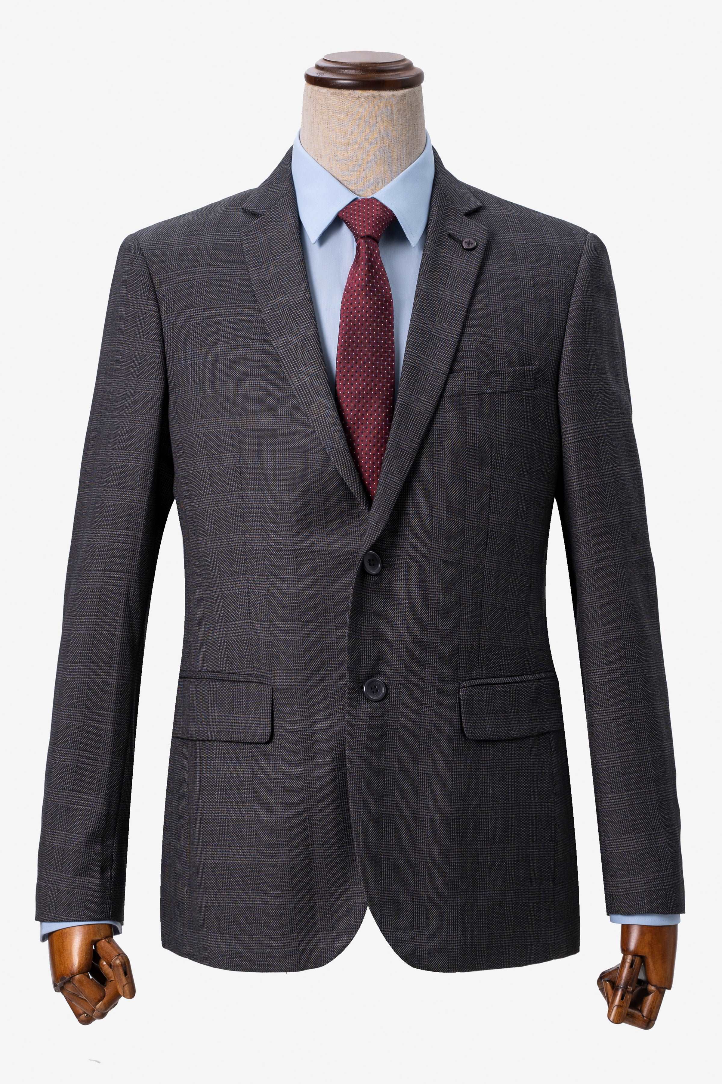 Dark grey two-piece suit jacket with notch lapels and button-front closure