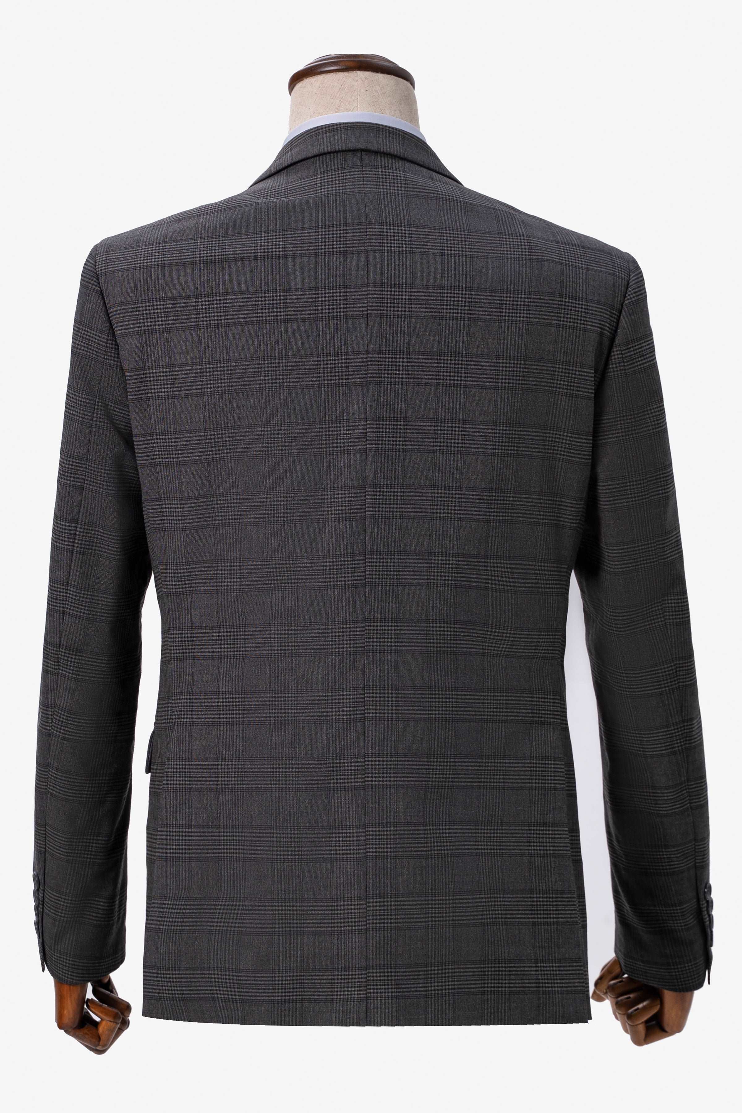 Dark grey suit jacket back with center vent