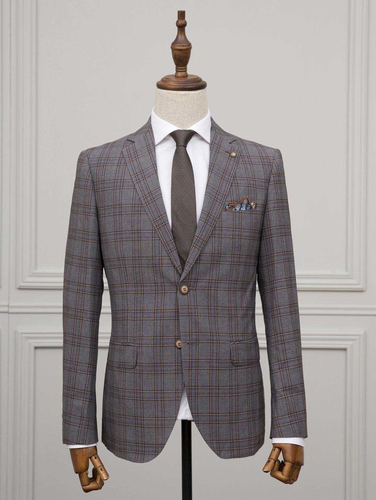 Grey plaid 2-piece suit jacket with notched lapel and dark tie