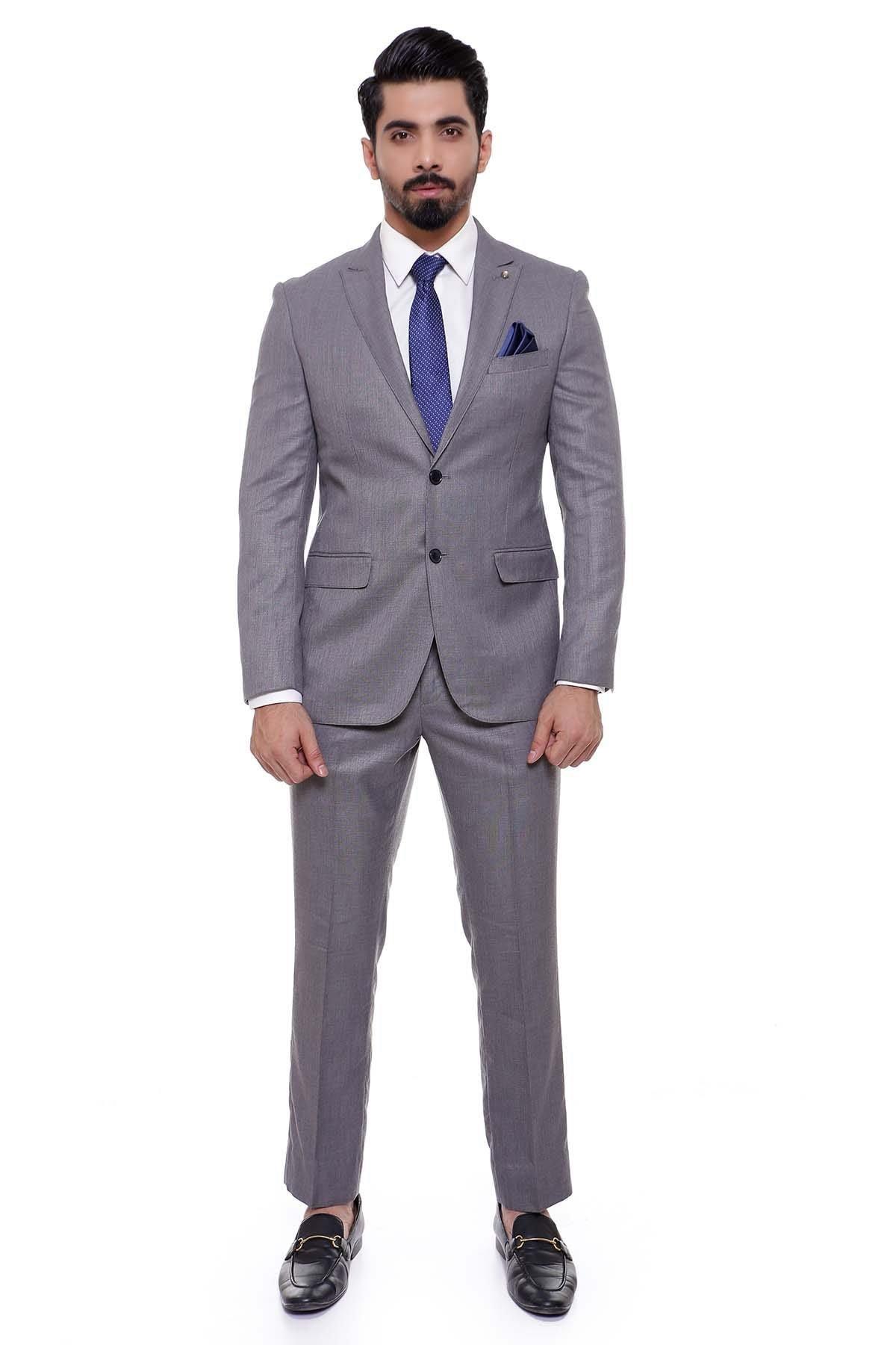 Two-piece grey suit, front view with blue tie and matching pocket square