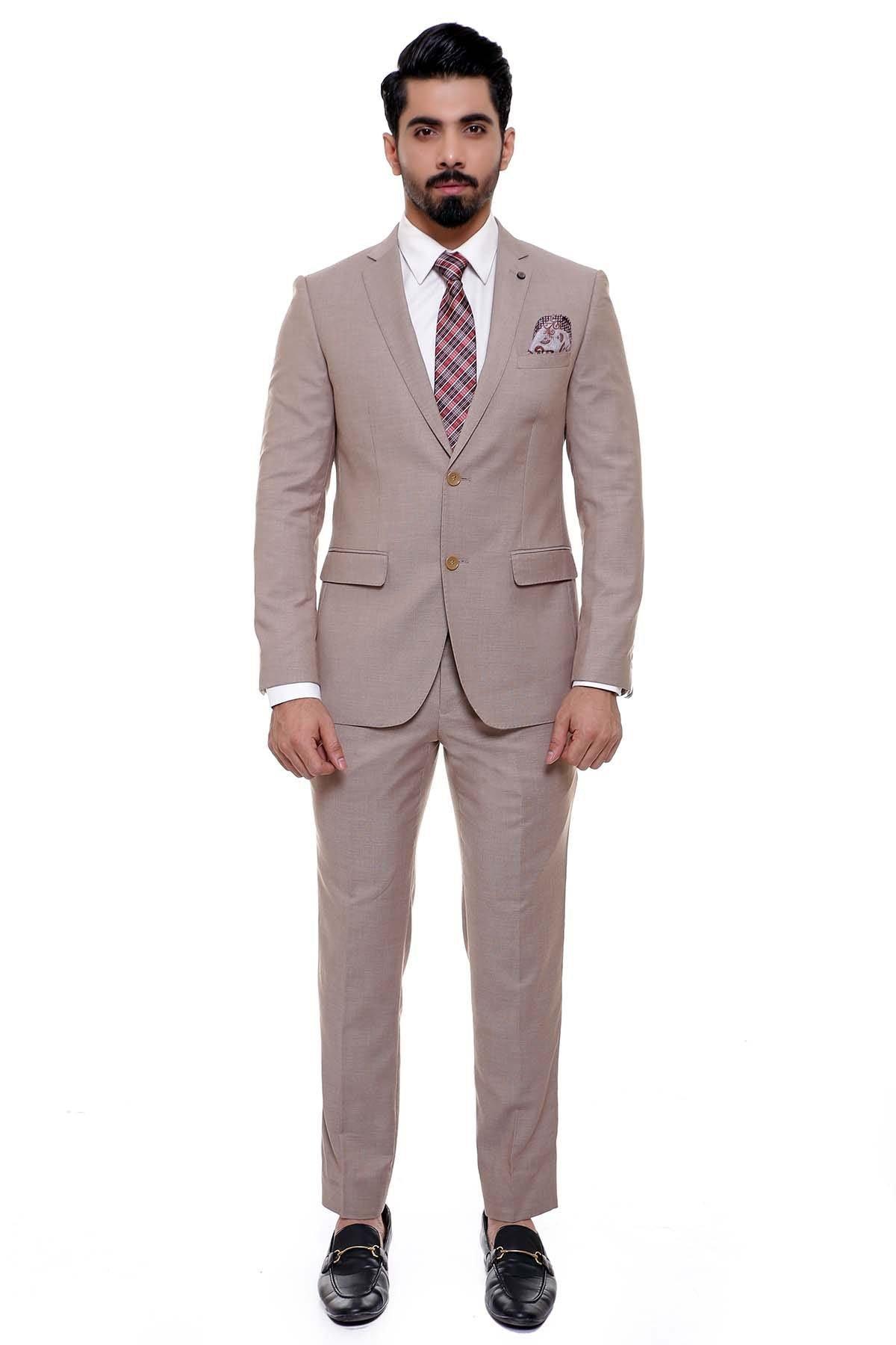 Light brown suit jacket and trousers, button-front blazer with pocket square
