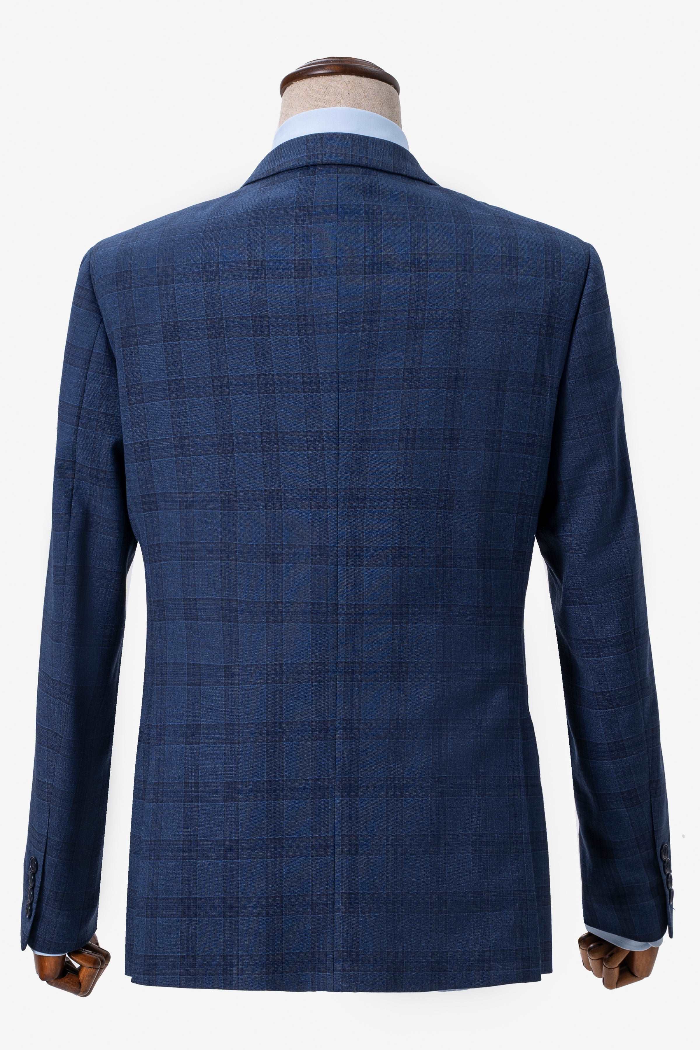 Navy blue check suit jacket back view with center seam