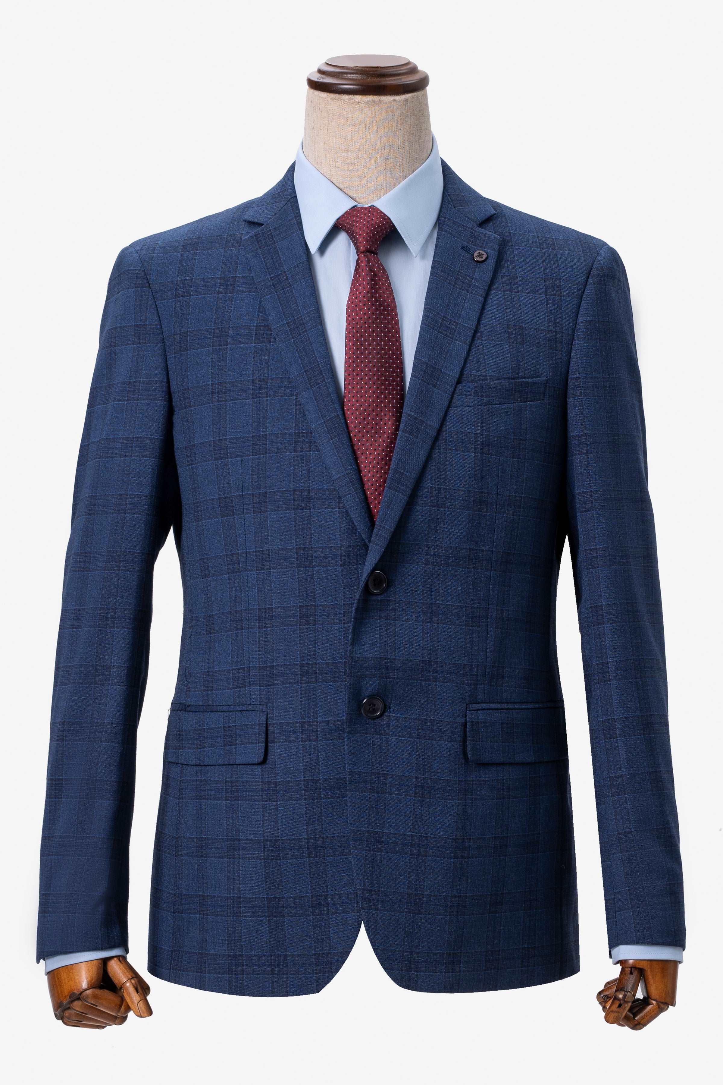 Navy blue check suit jacket with notch lapel and two-button front