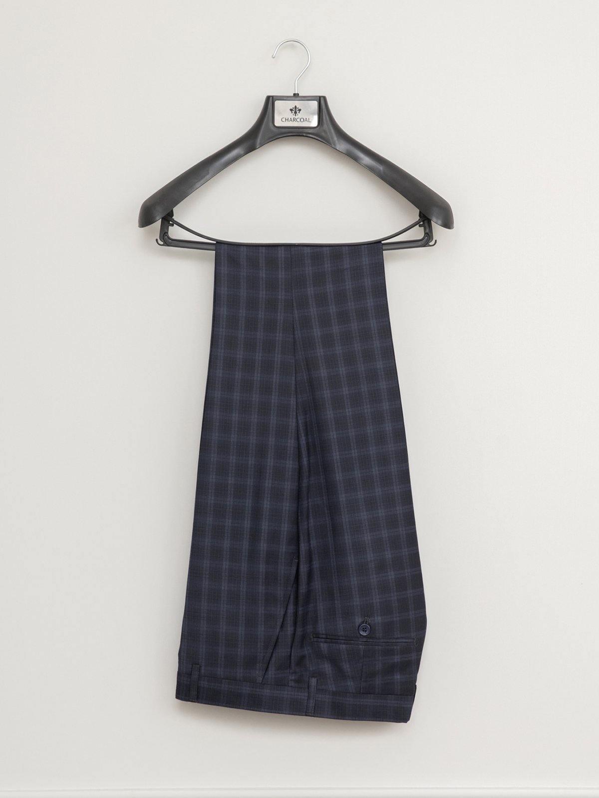 Navy plaid suit trousers with button waist and straight-leg fit