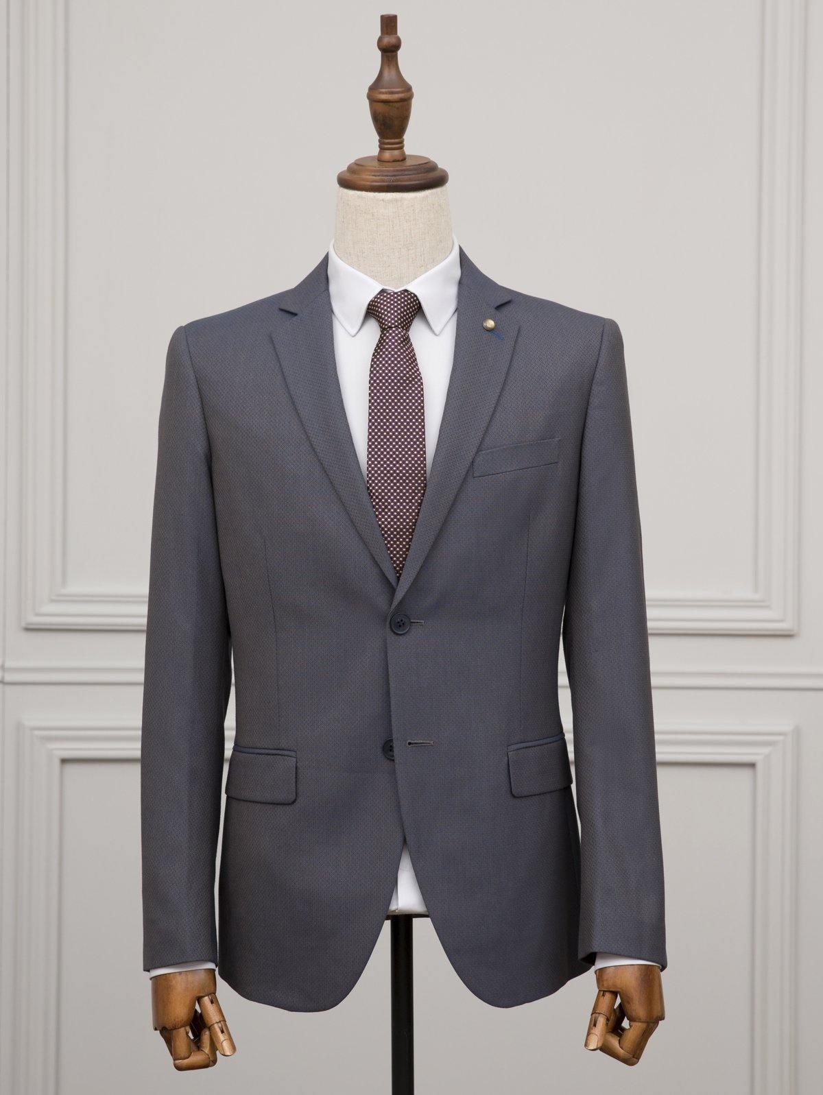 Navy textured suit jacket with notch lapel and flap pockets