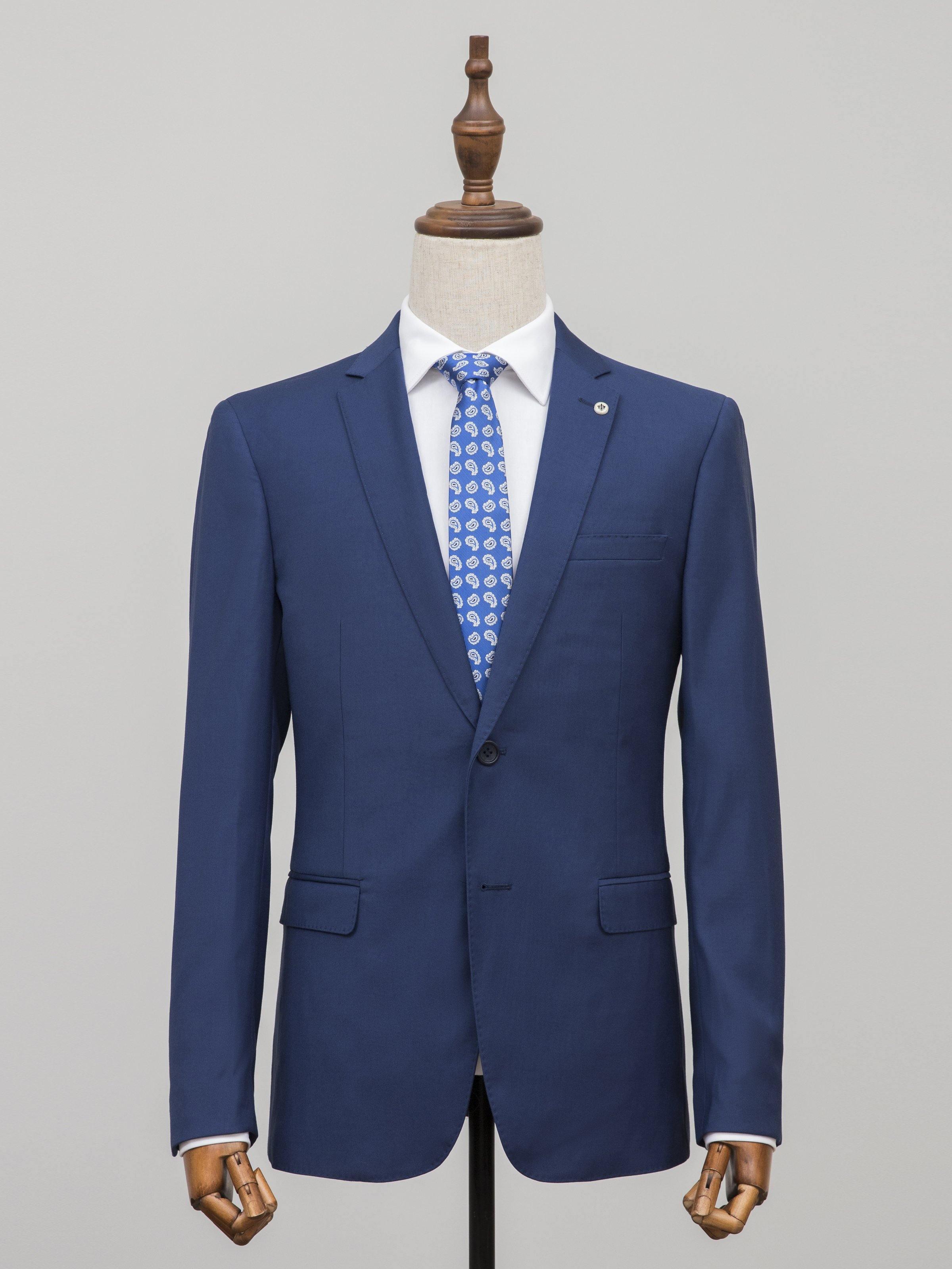 Blue slim-fit two-piece suit jacket and waistcoat with notch lapels and flap pockets
