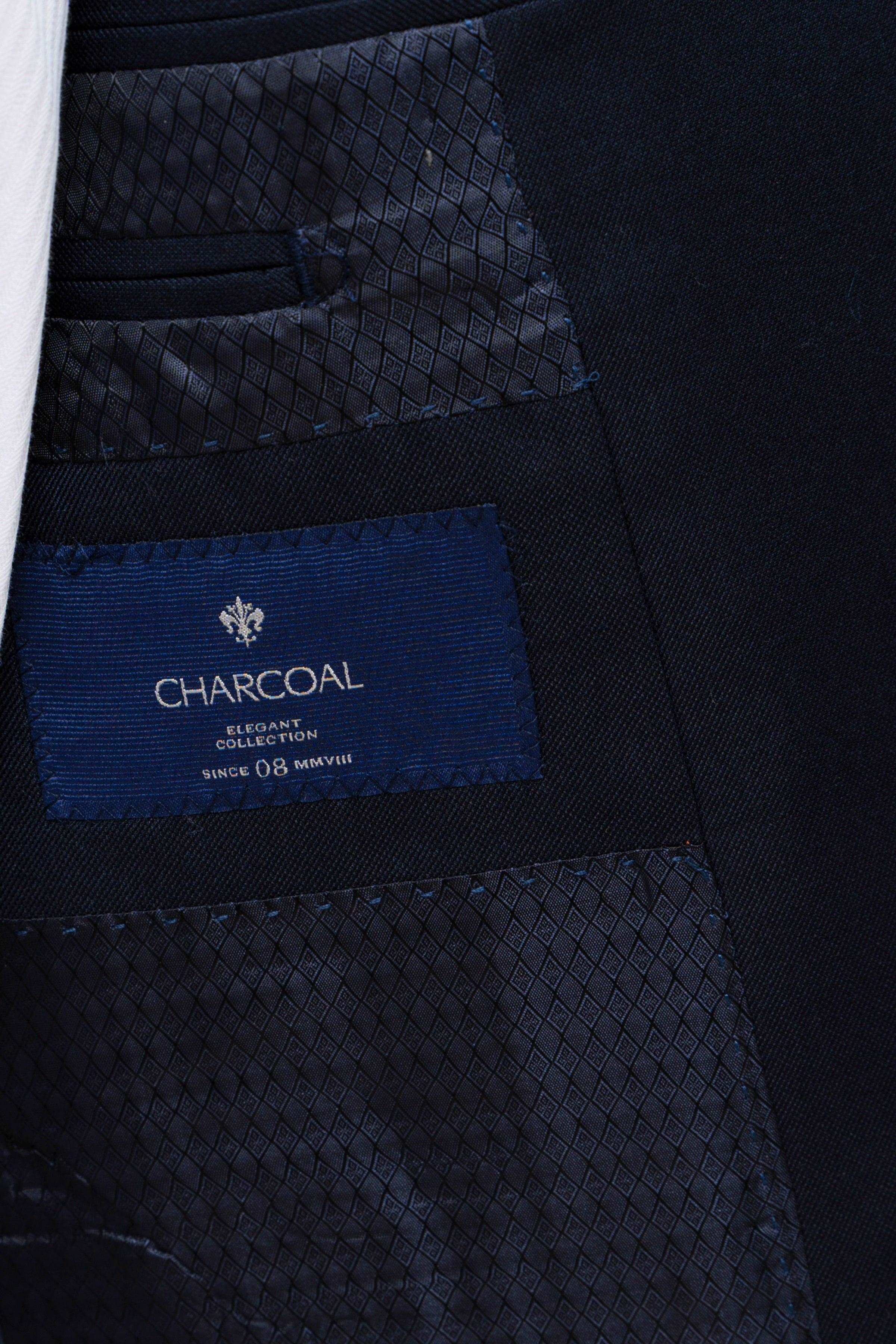 Dark navy suit jacket lining label showing CHARCOAL brand