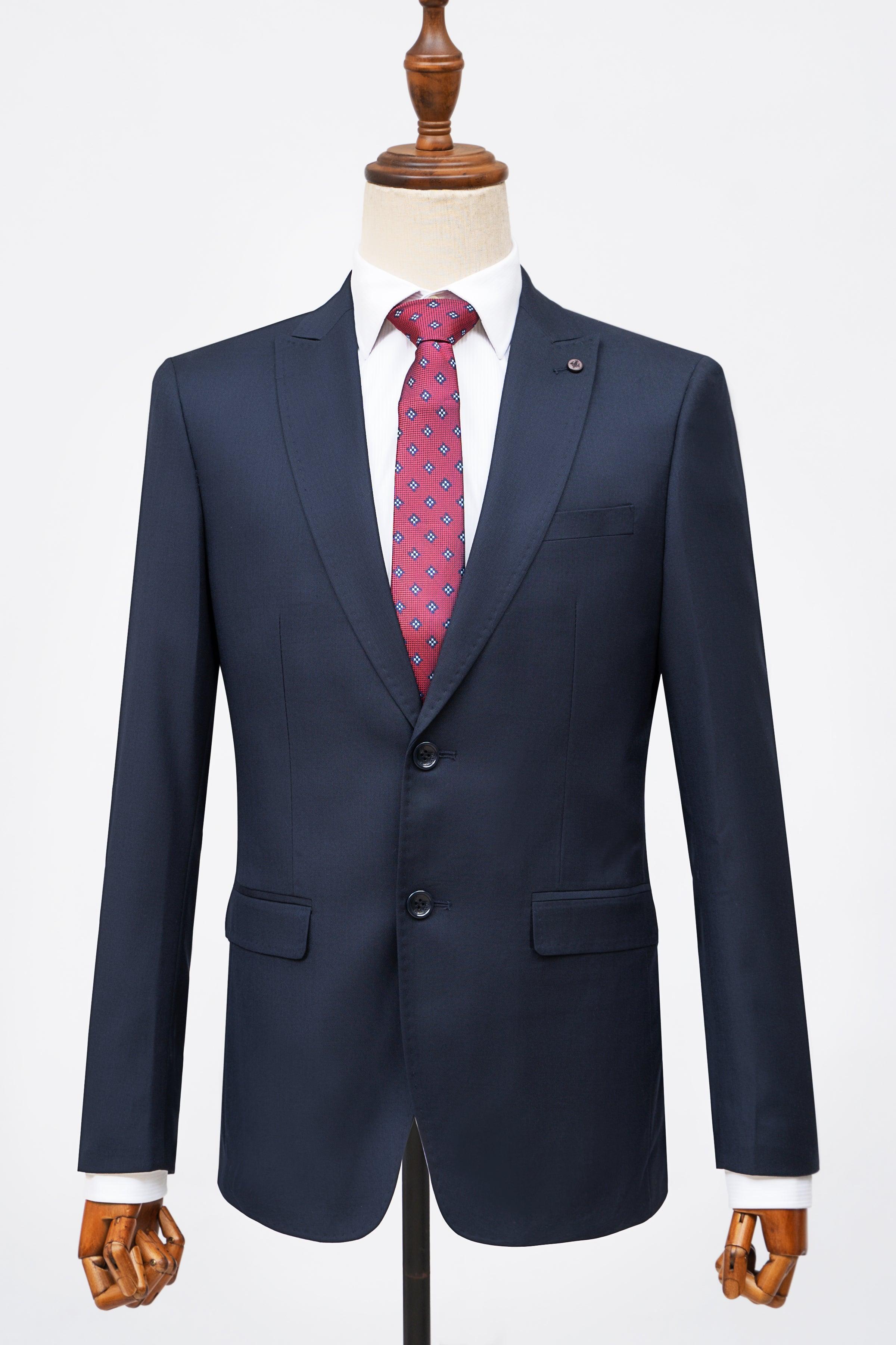 Men's slim-fit dark navy suit jacket with notch lapels and two front pockets