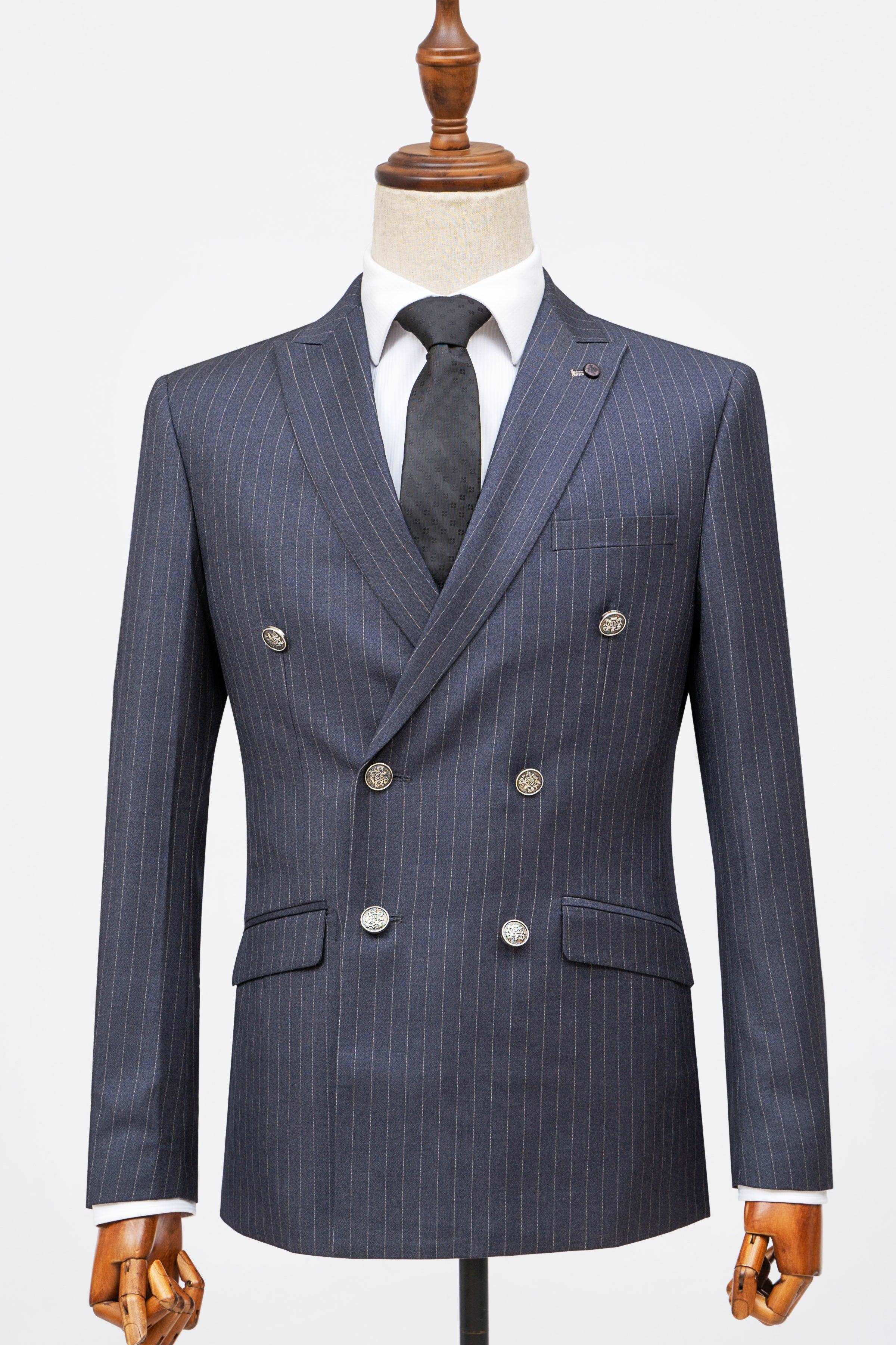 Slim-fit double-breasted pinstripe suit jacket with matching waistcoat, navy gray
