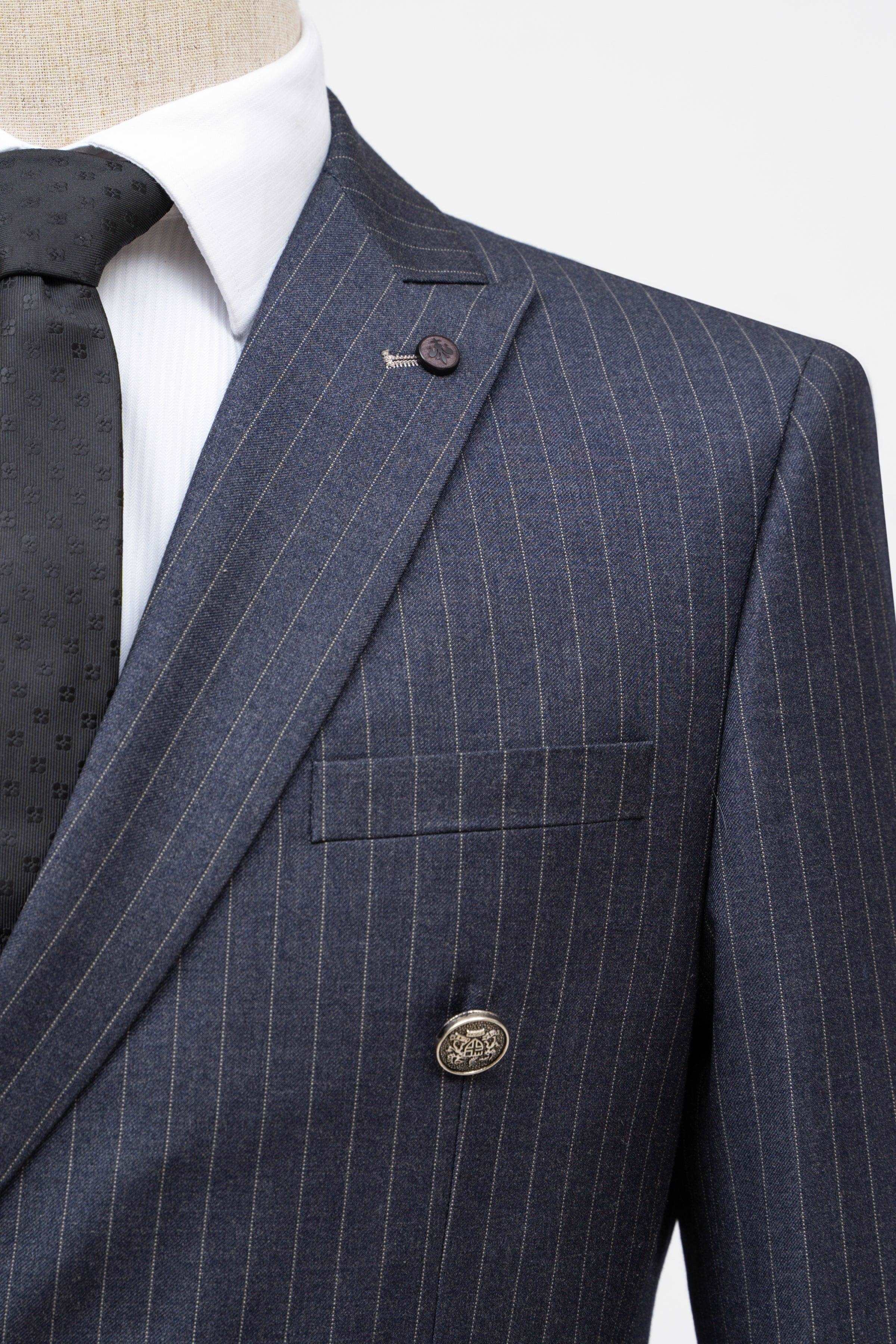 Slim-fit double-breasted pinstripe suit jacket, navy gray, notched lapels