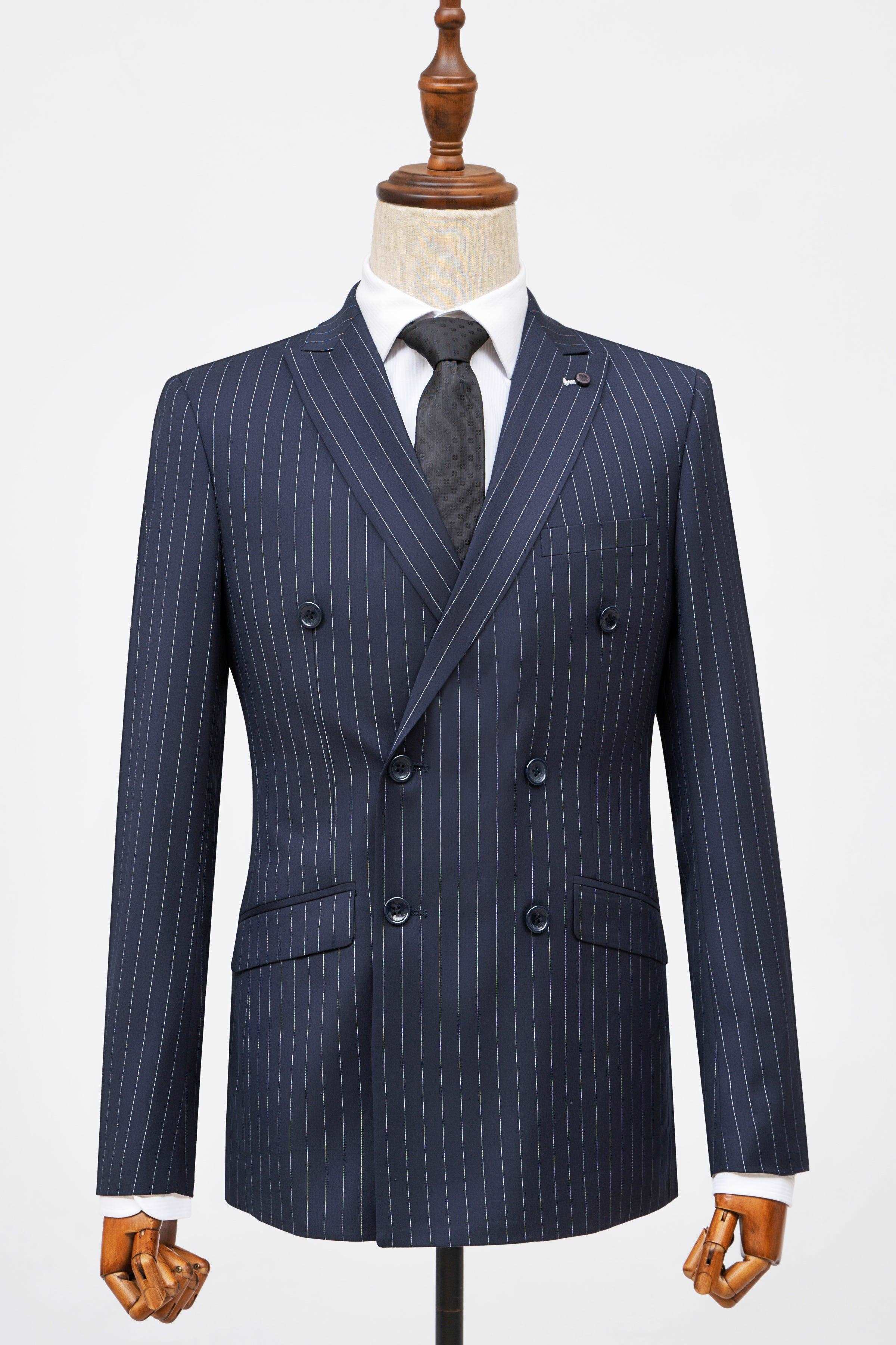 Navy pinstripe double-breasted slim-fit suit jacket with notch lapels and dark buttons