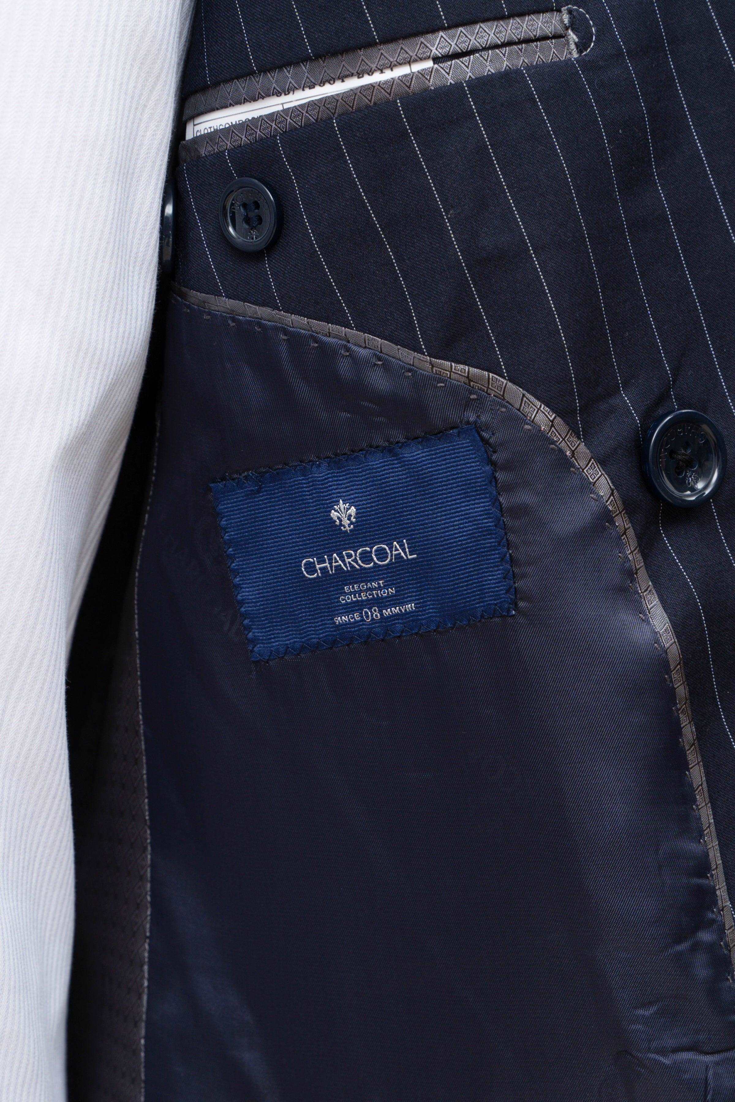 Navy suit jacket interior pocket lining with charcoal fabric label