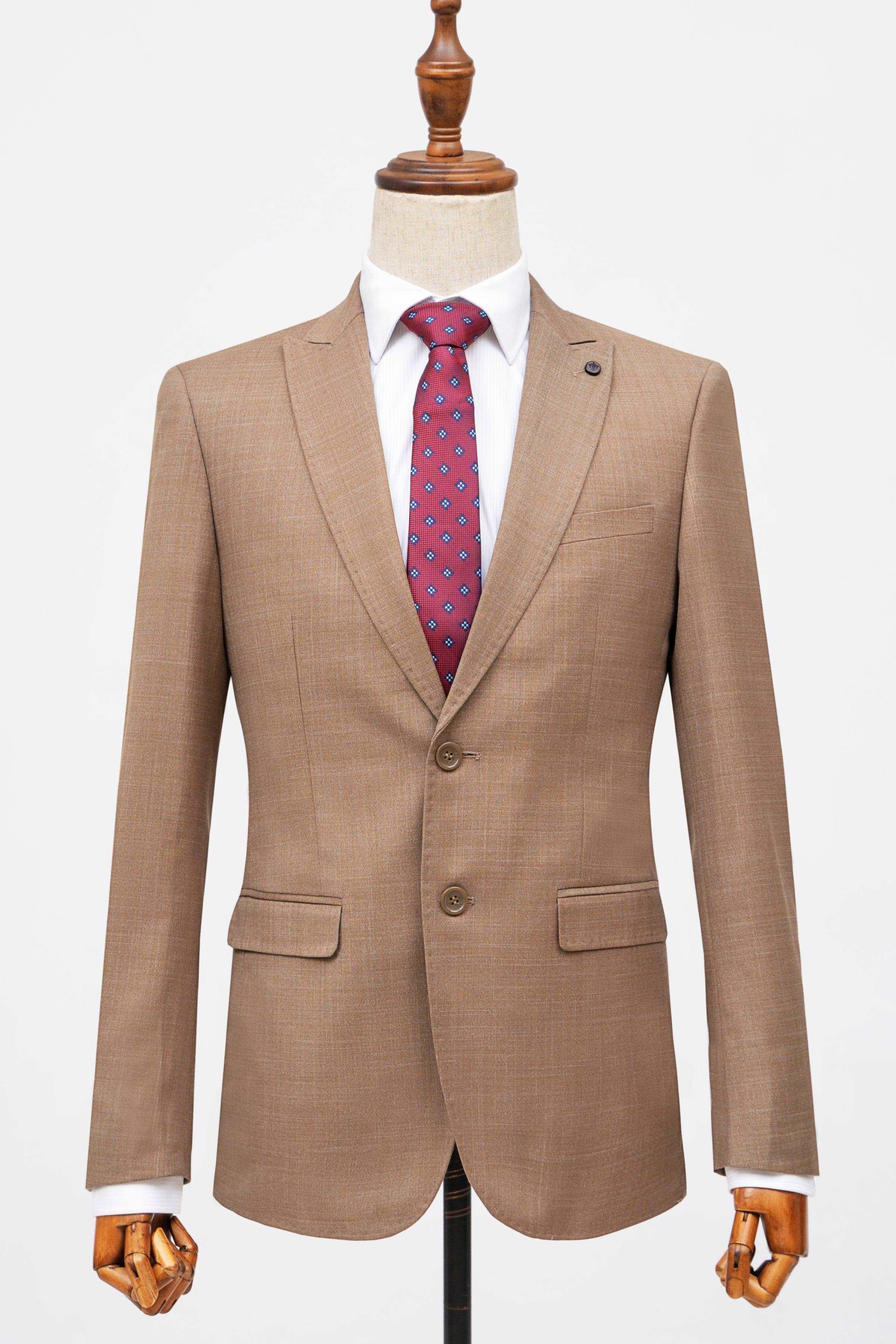 Men’s slim-fit light brown suit jacket with notch lapels and two front pockets