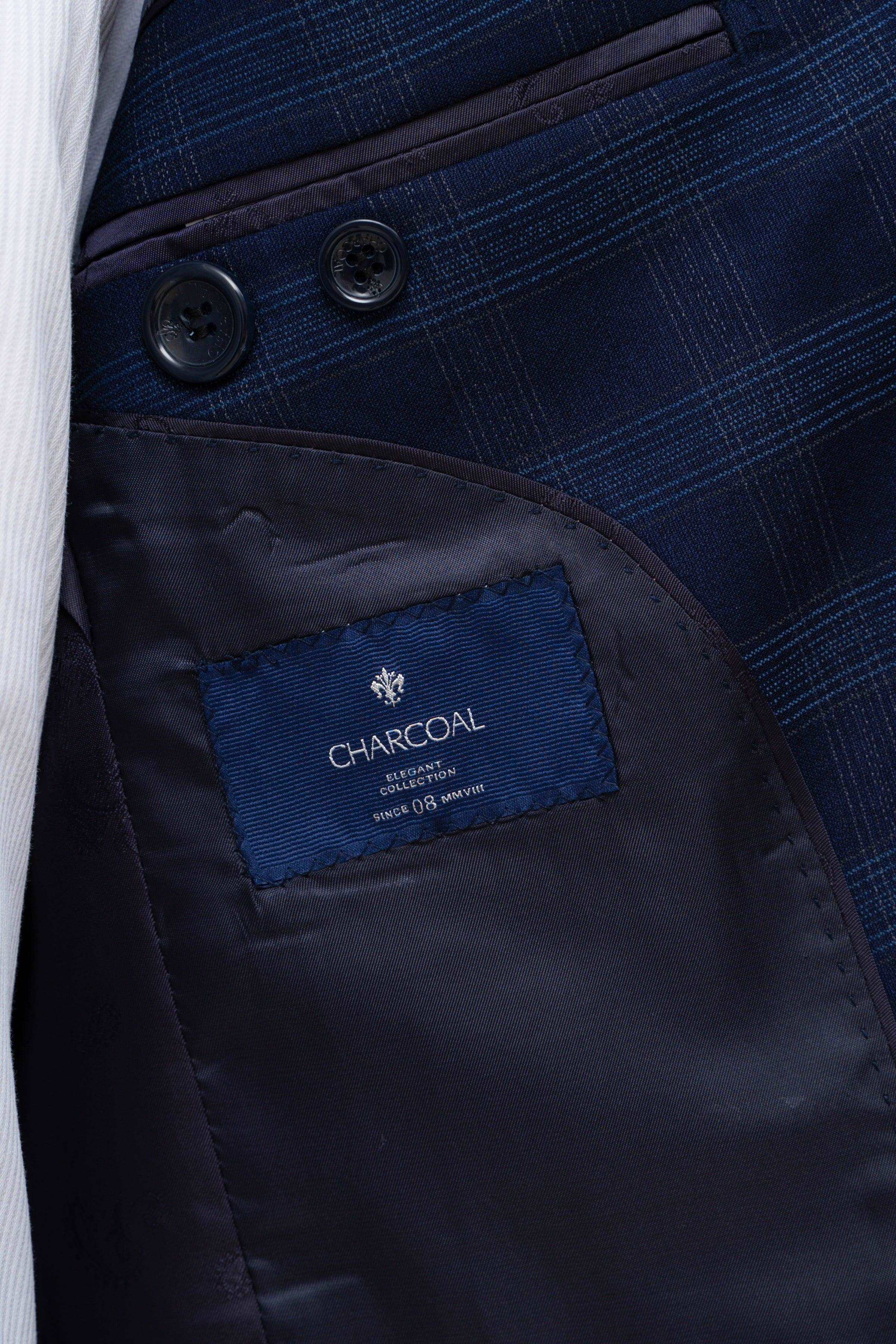Navy suit jacket lining pocket with CHARCOAL label