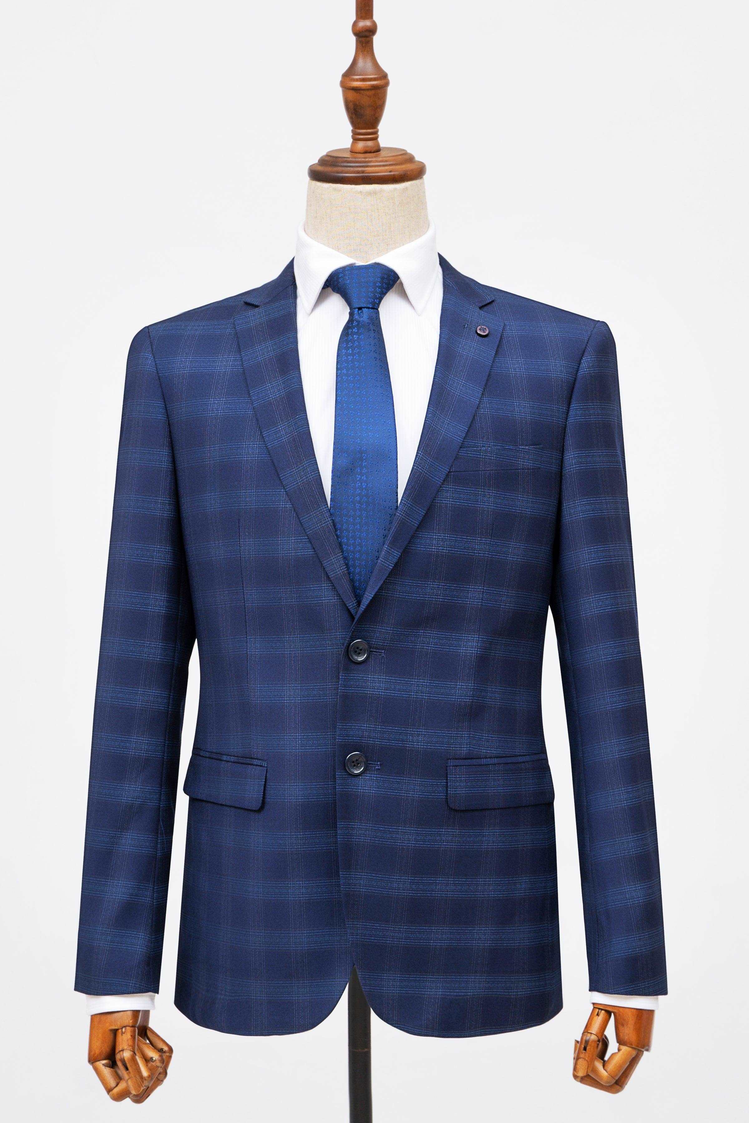 Navy check slim-fit suit jacket with notch lapel and two-button front