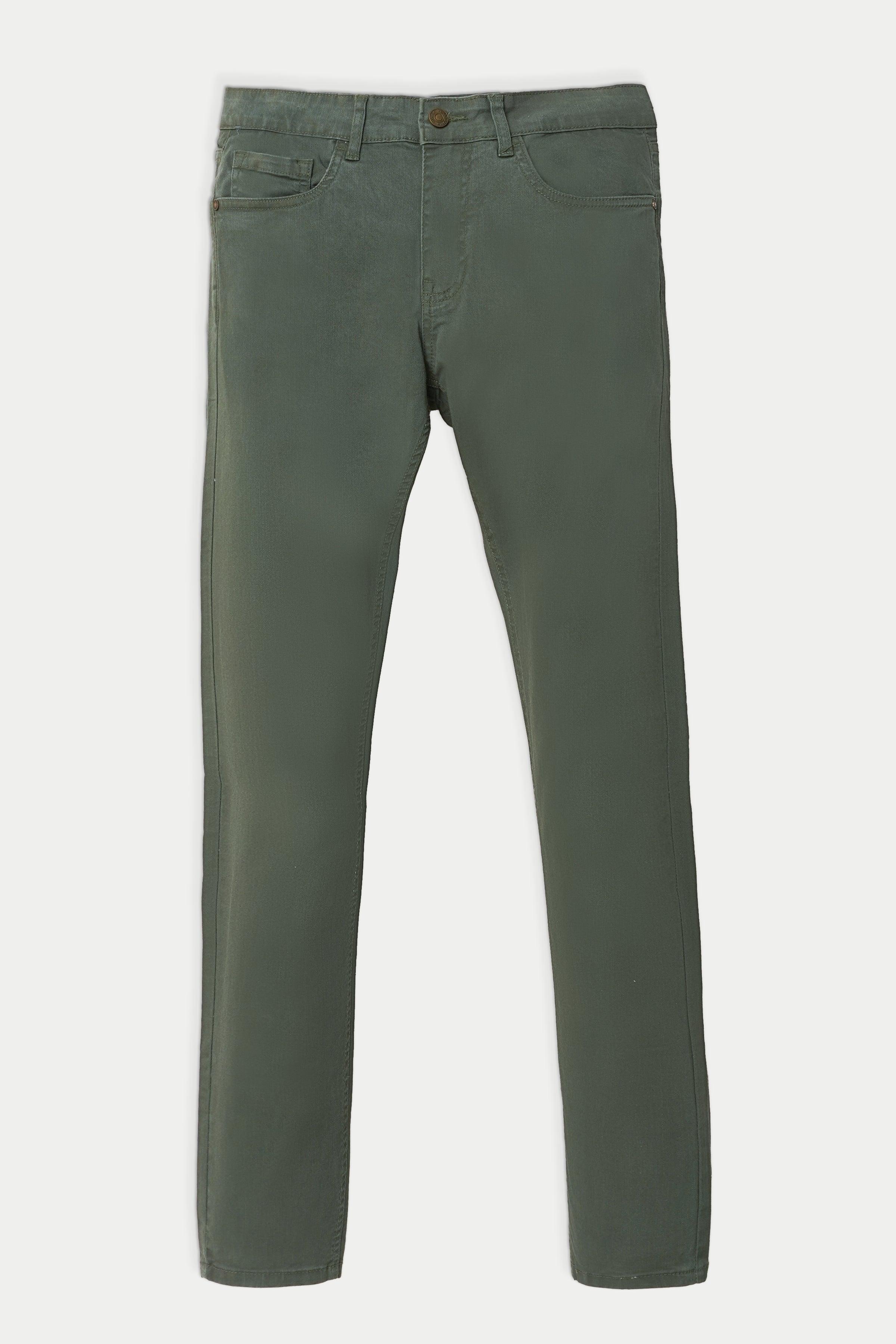 Olive green 5-pocket pants with straight leg and button closure