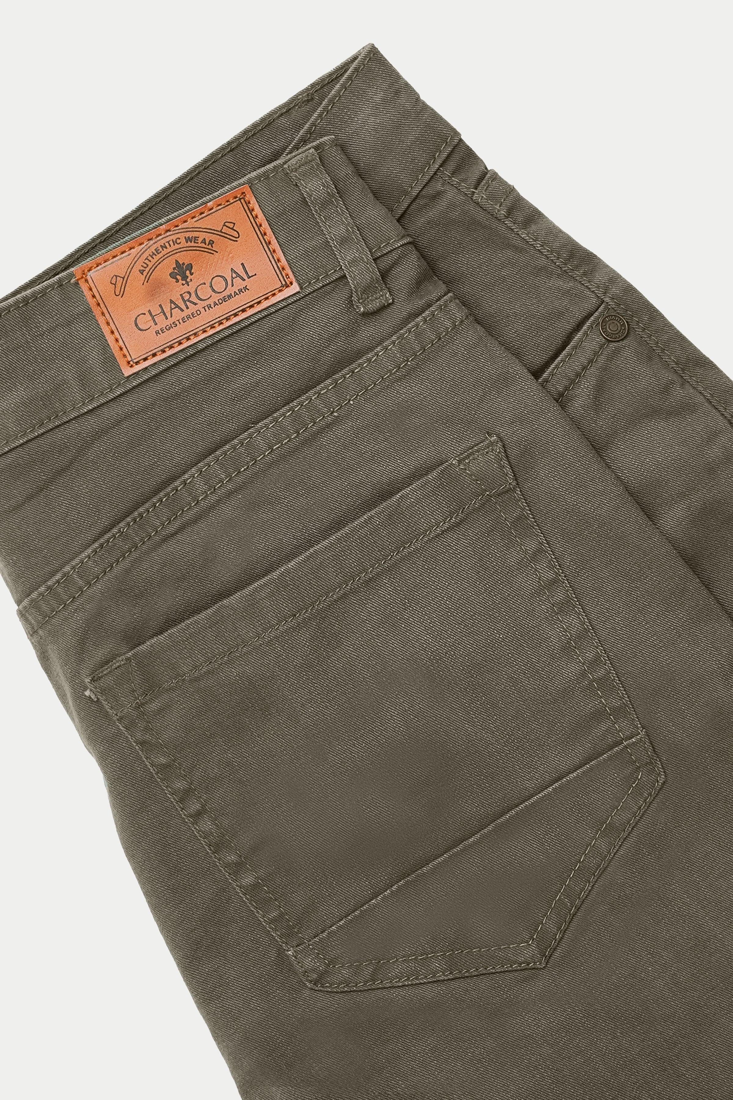 Olive 5-pocket pant with back patch pocket and orange tag