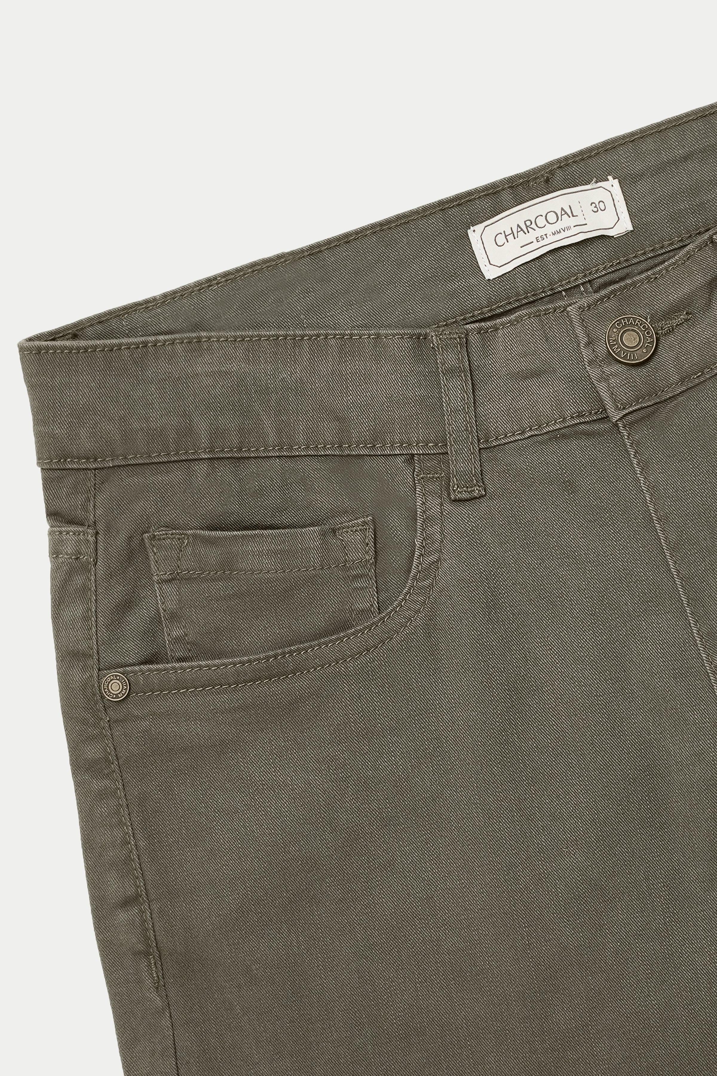 Olive 5-pocket pant waistband with CHARCOAL label and buttoned fly