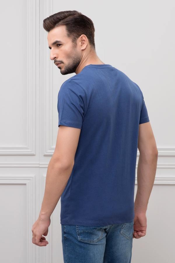 Navy round-neck T-shirt, back view