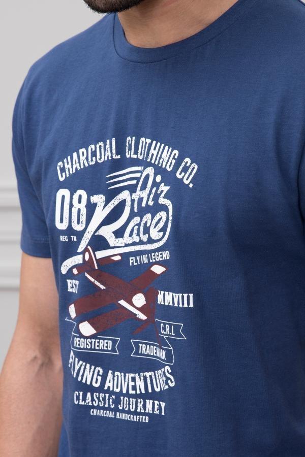 Navy round-neck T-shirt with detailed front graphic print