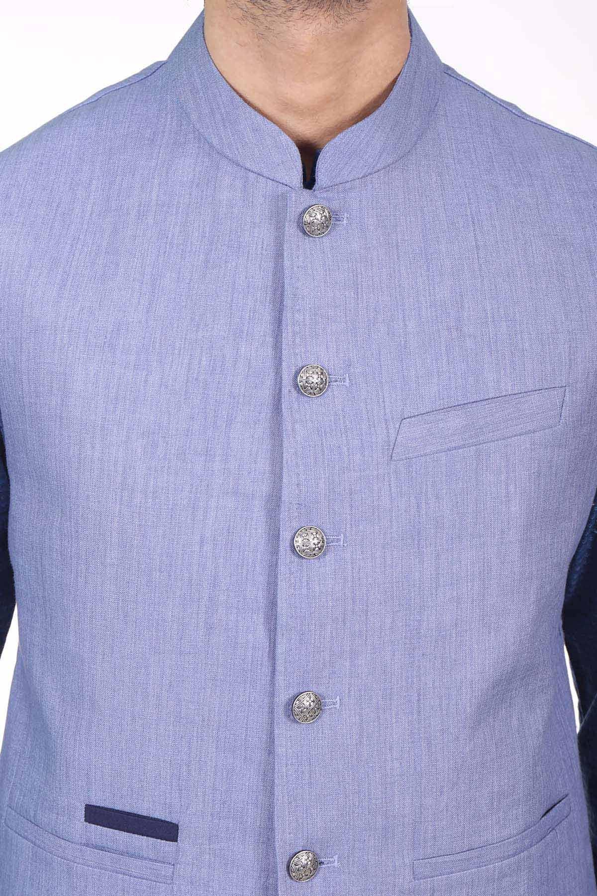 Lavender-blue waistcoat with stand collar, button placket, and flap pockets
