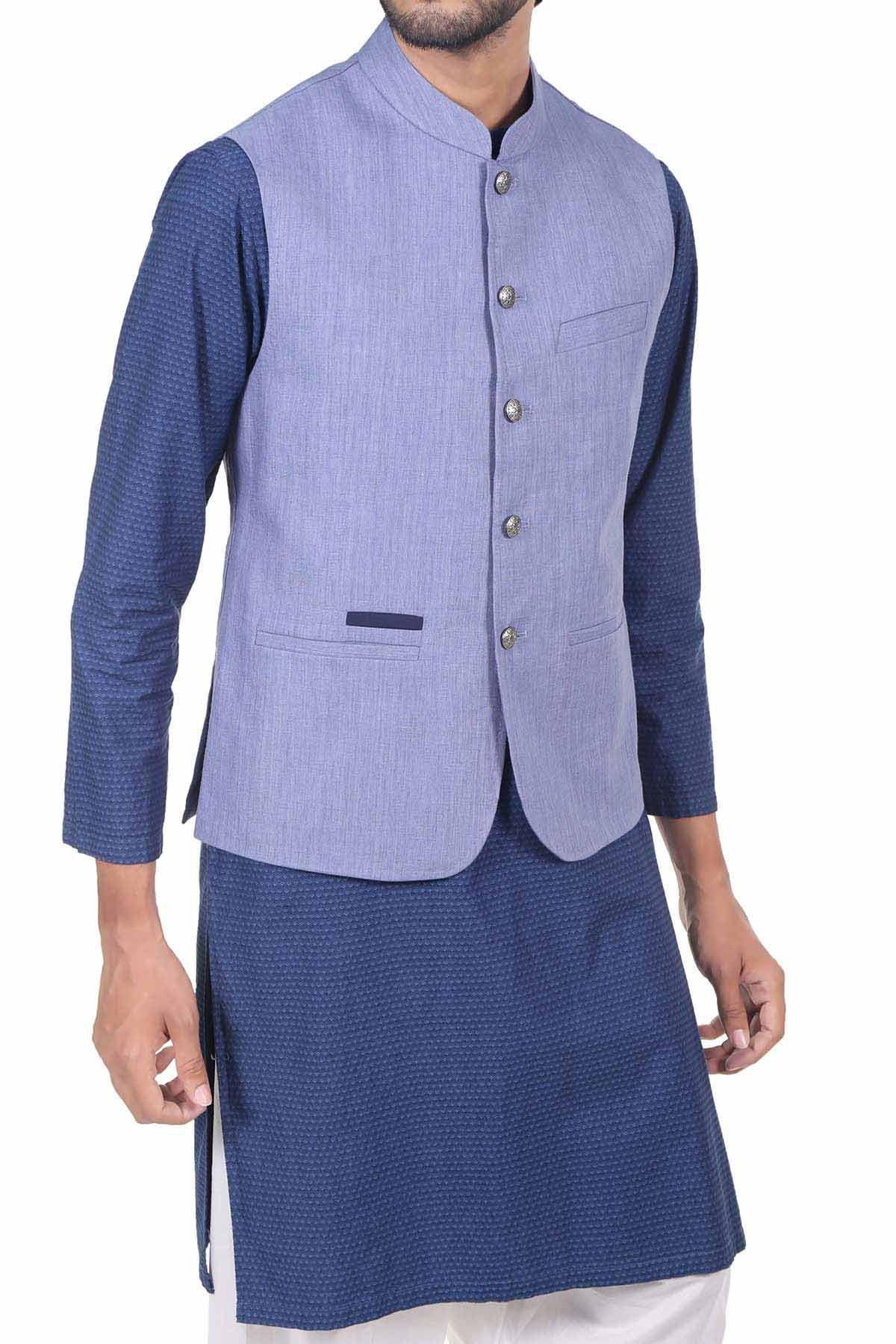 Blue waistcoat with stand collar, front buttons, and flap pockets worn over shirt