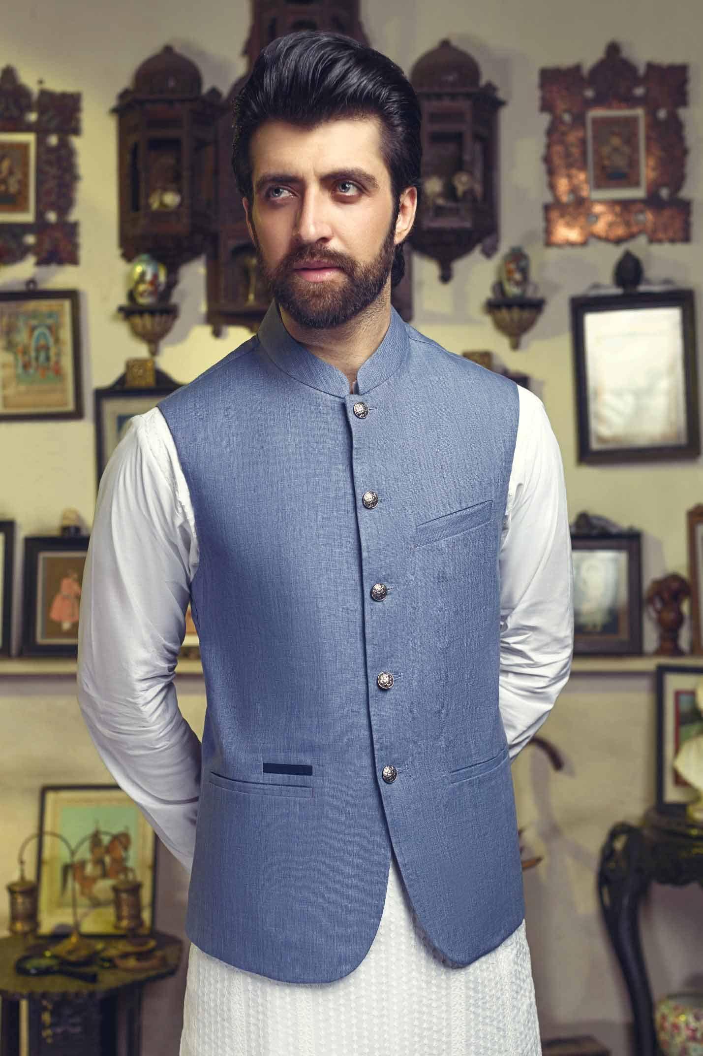 Blue-gray waistcoat with band collar, front buttons, and two flap pockets