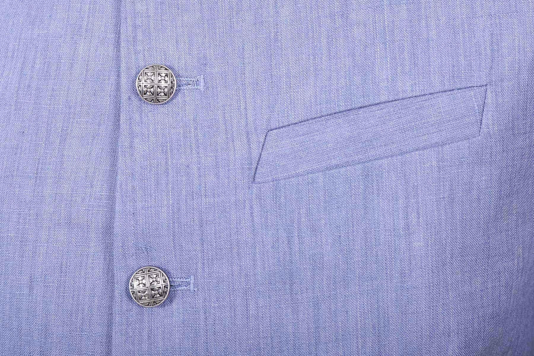 Lavender-blue textured waistcoat front with two decorative buttons and flap pocket