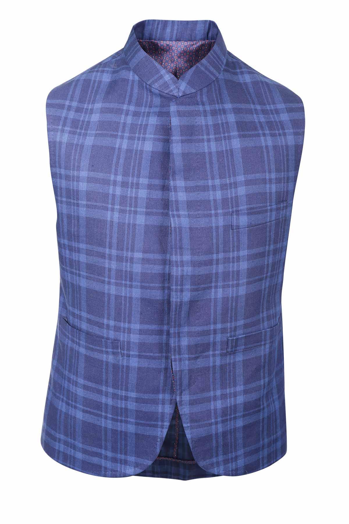 Navy check waistcoat with high collar and sleeveless front, button placket