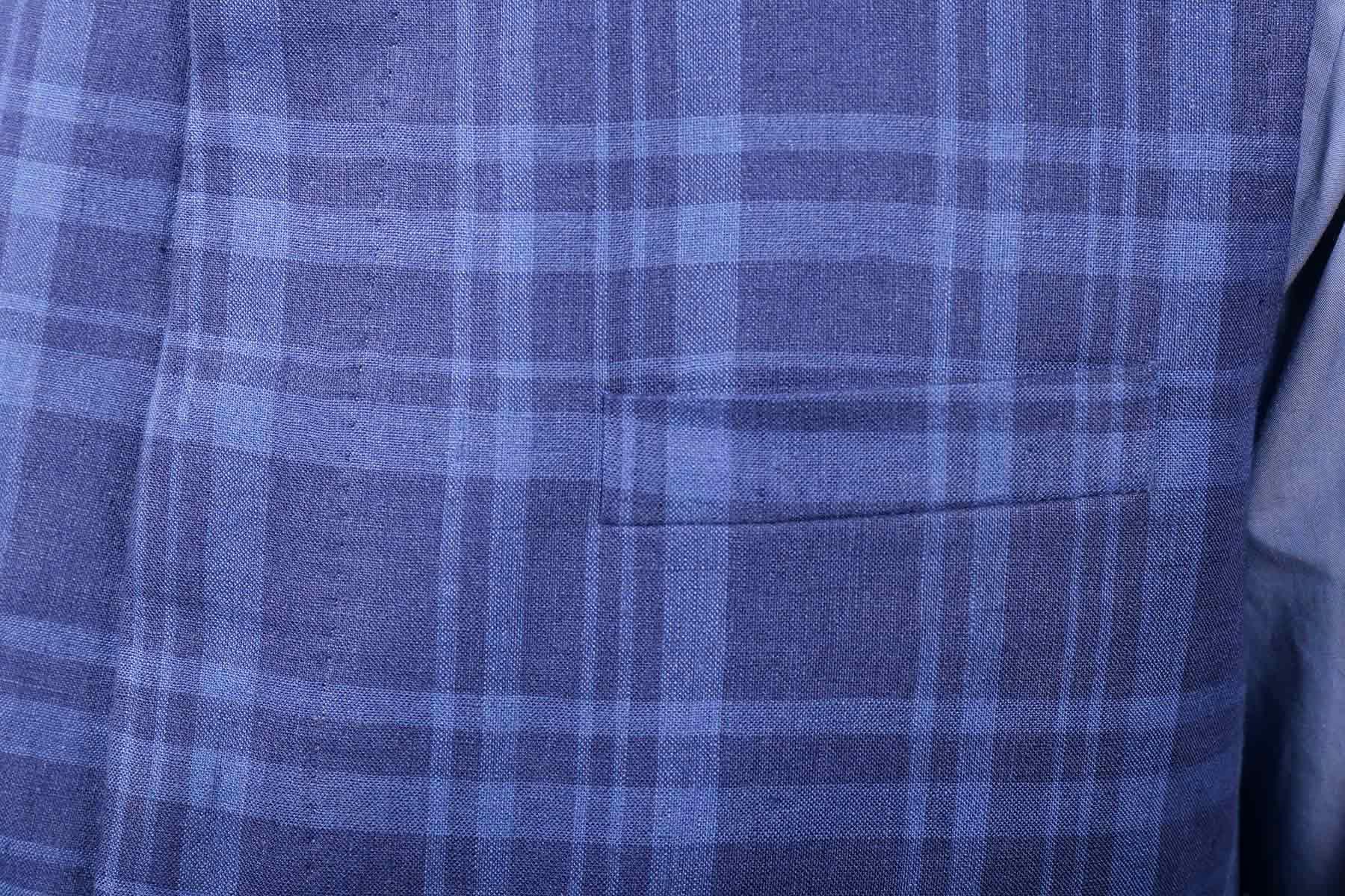Blue and navy check waistcoat fabric detail, smooth front panel
