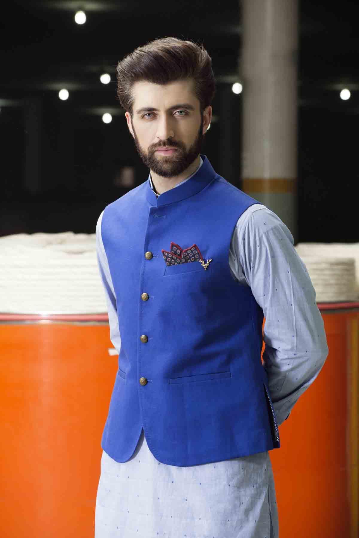 Royal blue waistcoat with stand collar, gold buttons, and chest pocket detail