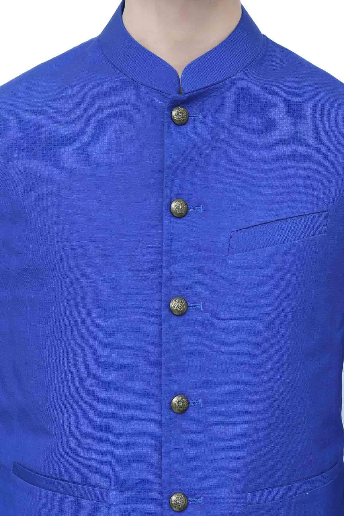 Royal blue waistcoat close-up with stand collar, button placket, and welt pocket