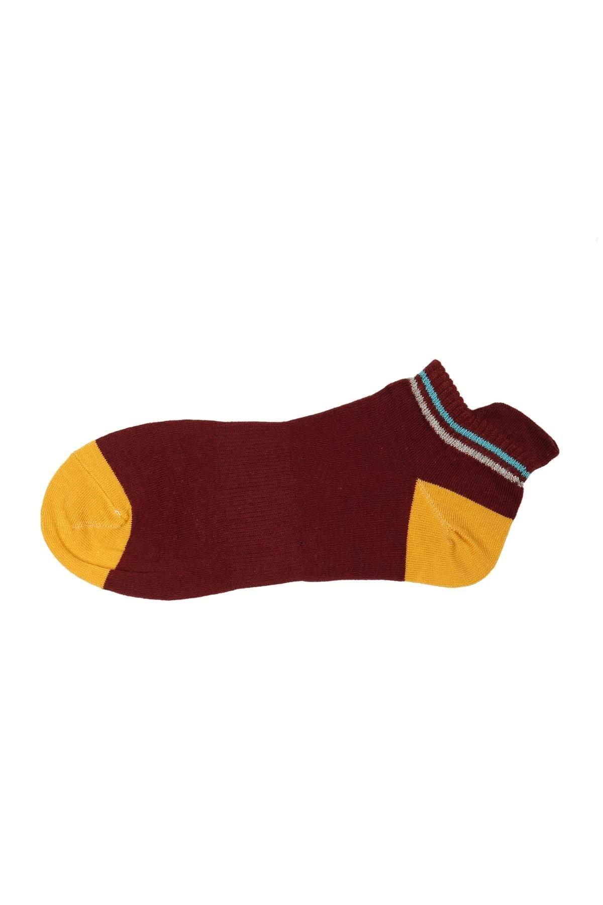 Burgundy ankle sock with yellow toe and heel, blue and white striped cuff
