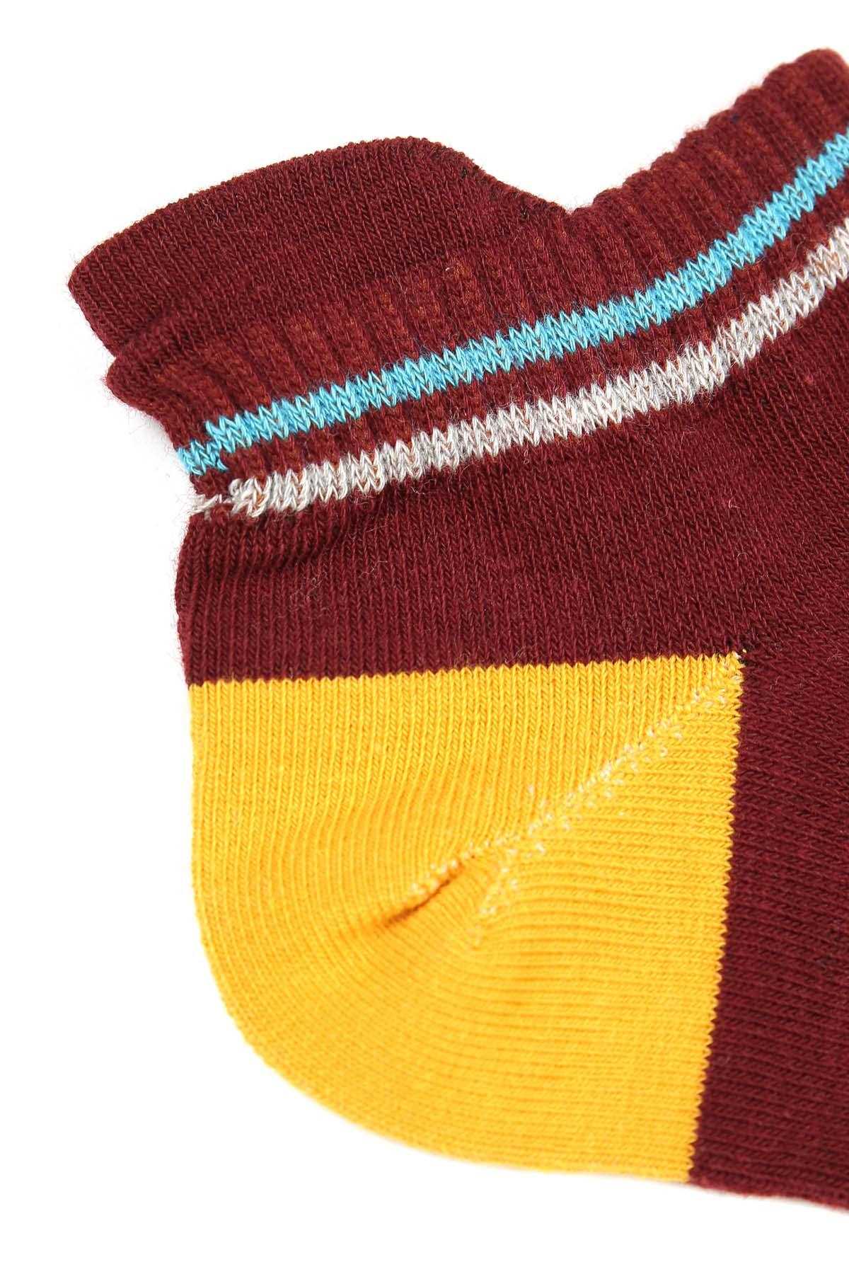 Ankle sock cuff detail: ribbed burgundy with blue, white, and yellow stripes