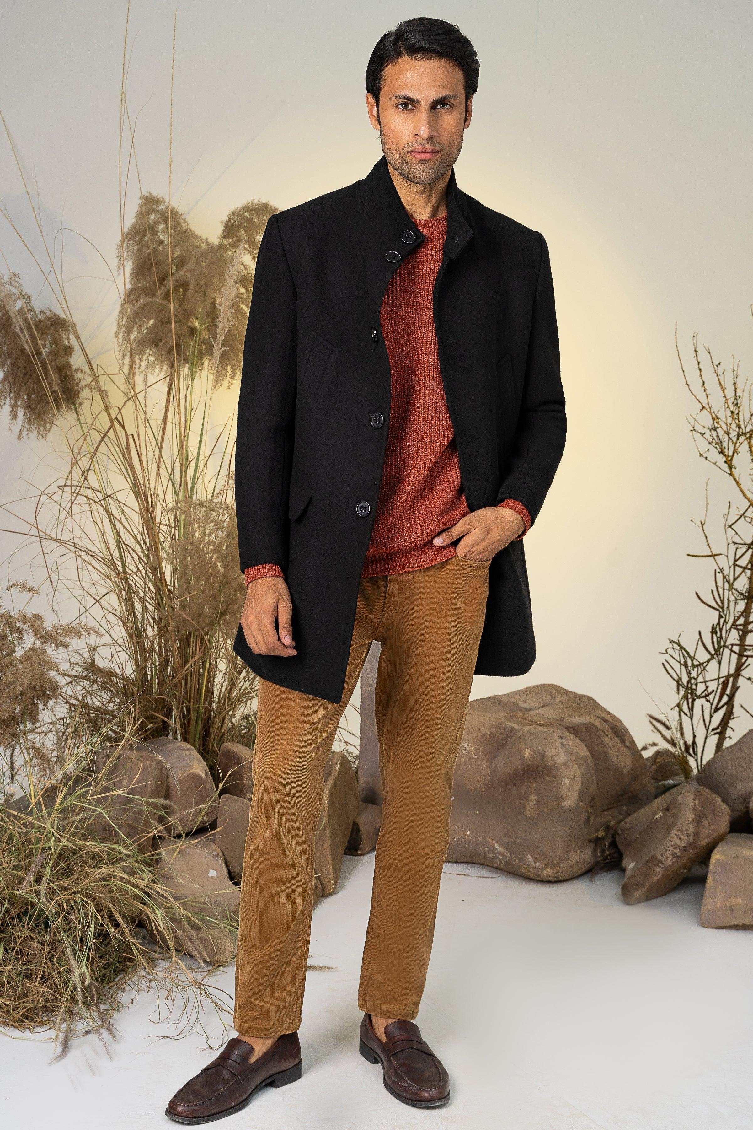 BAN COLLAR LONG COAT BLACK at Charcoal Clothing