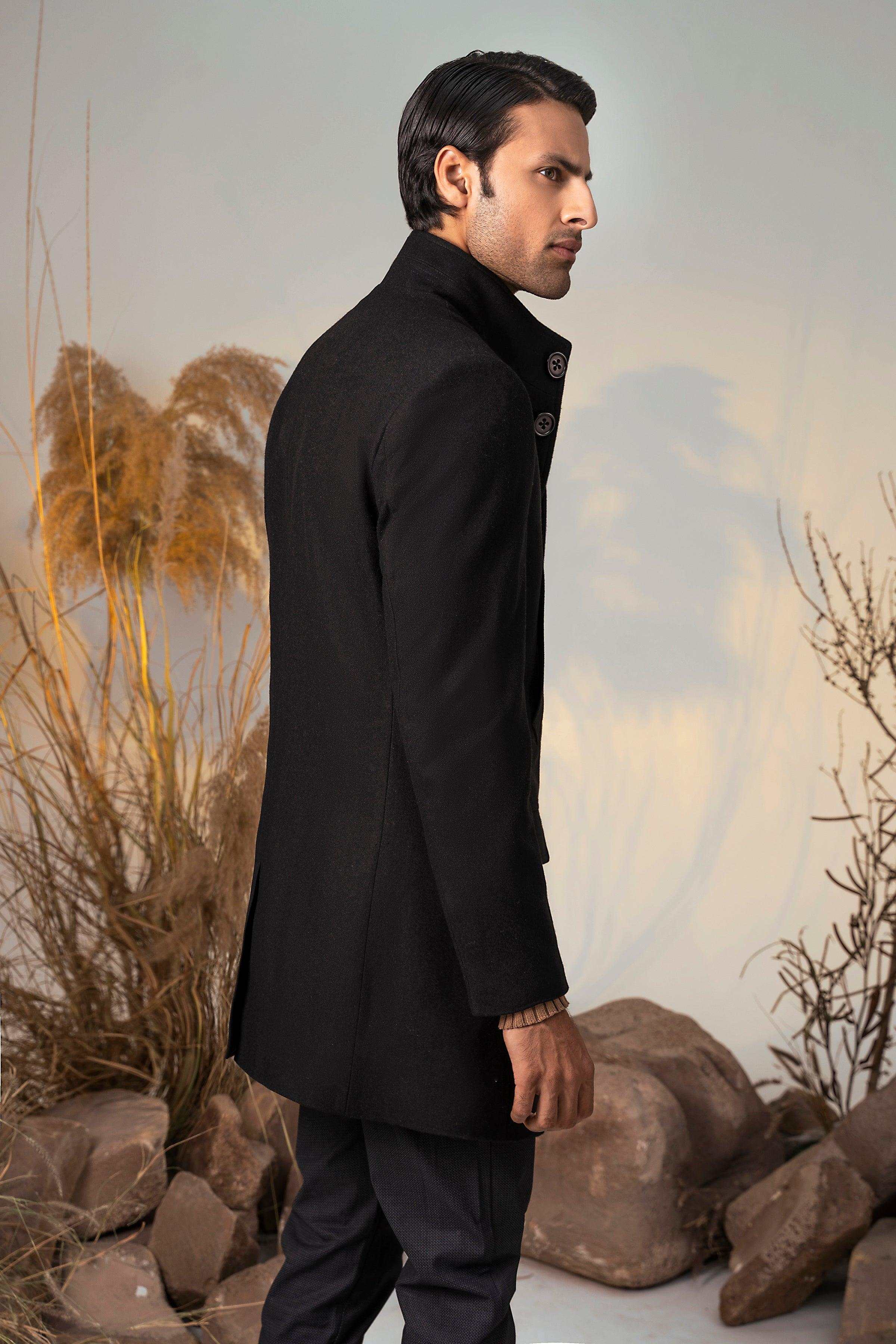 BAN COLLAR LONG COAT BLACK at Charcoal Clothing