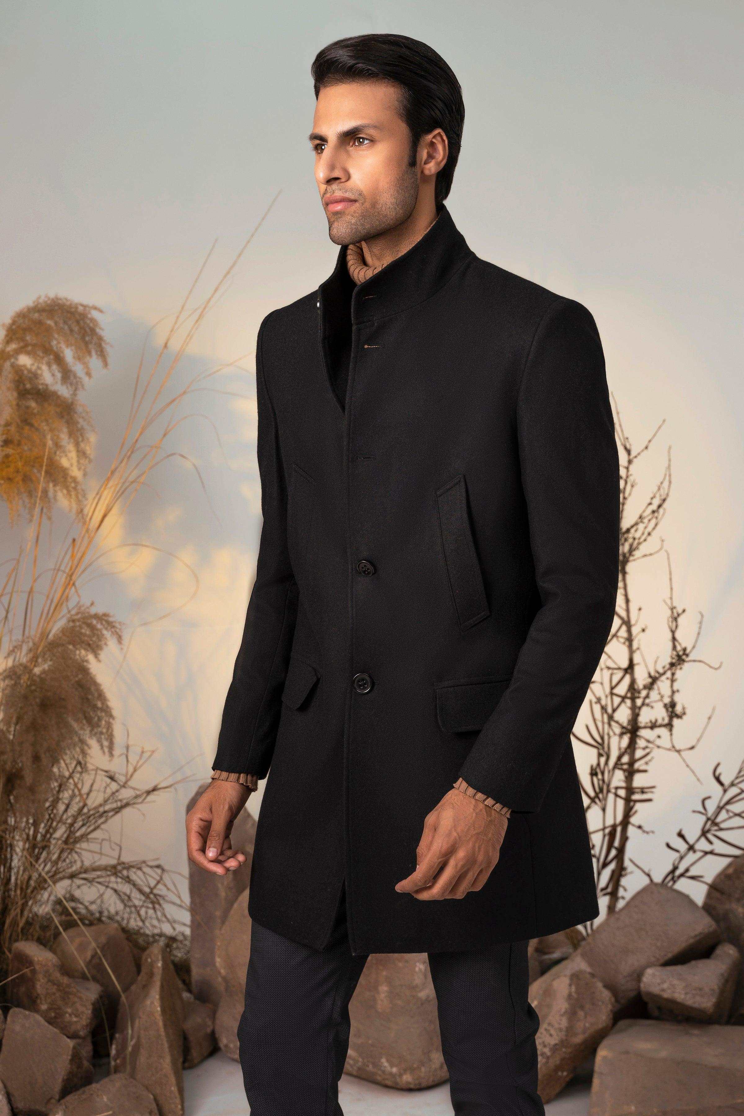 BAN COLLAR LONG COAT BLACK at Charcoal Clothing