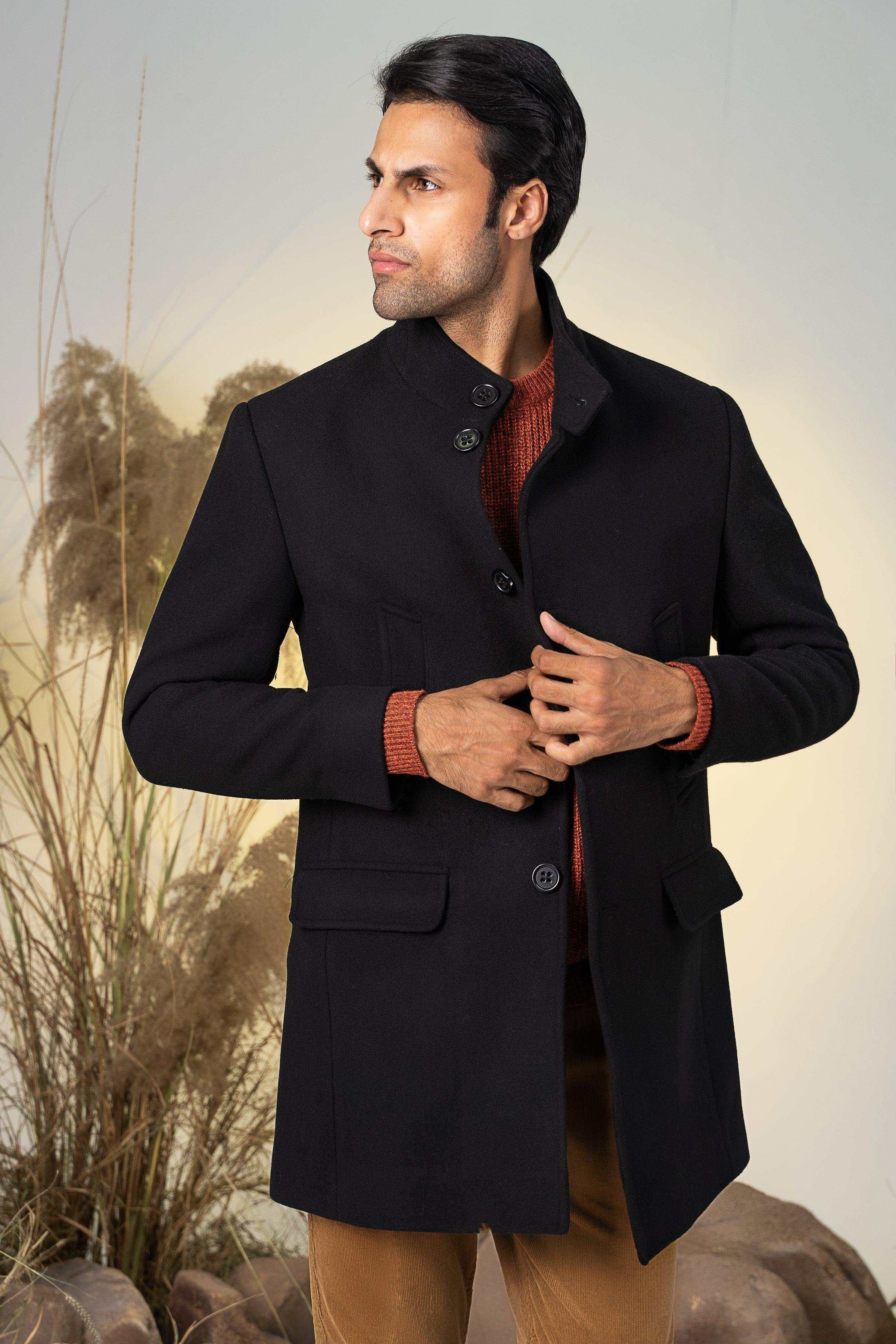 BAN COLLAR LONG COAT BLACK at Charcoal Clothing