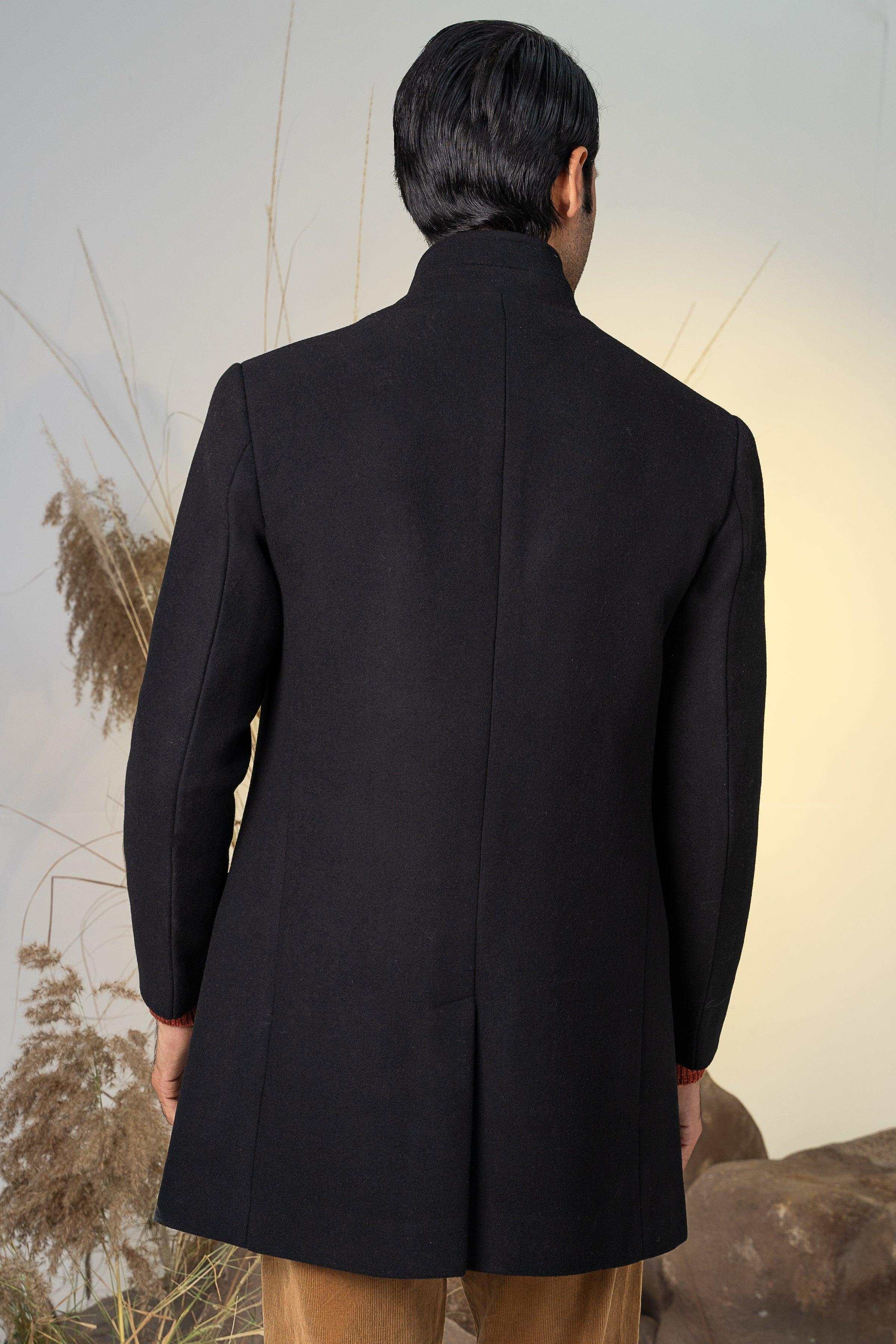 BAN COLLAR LONG COAT BLACK at Charcoal Clothing