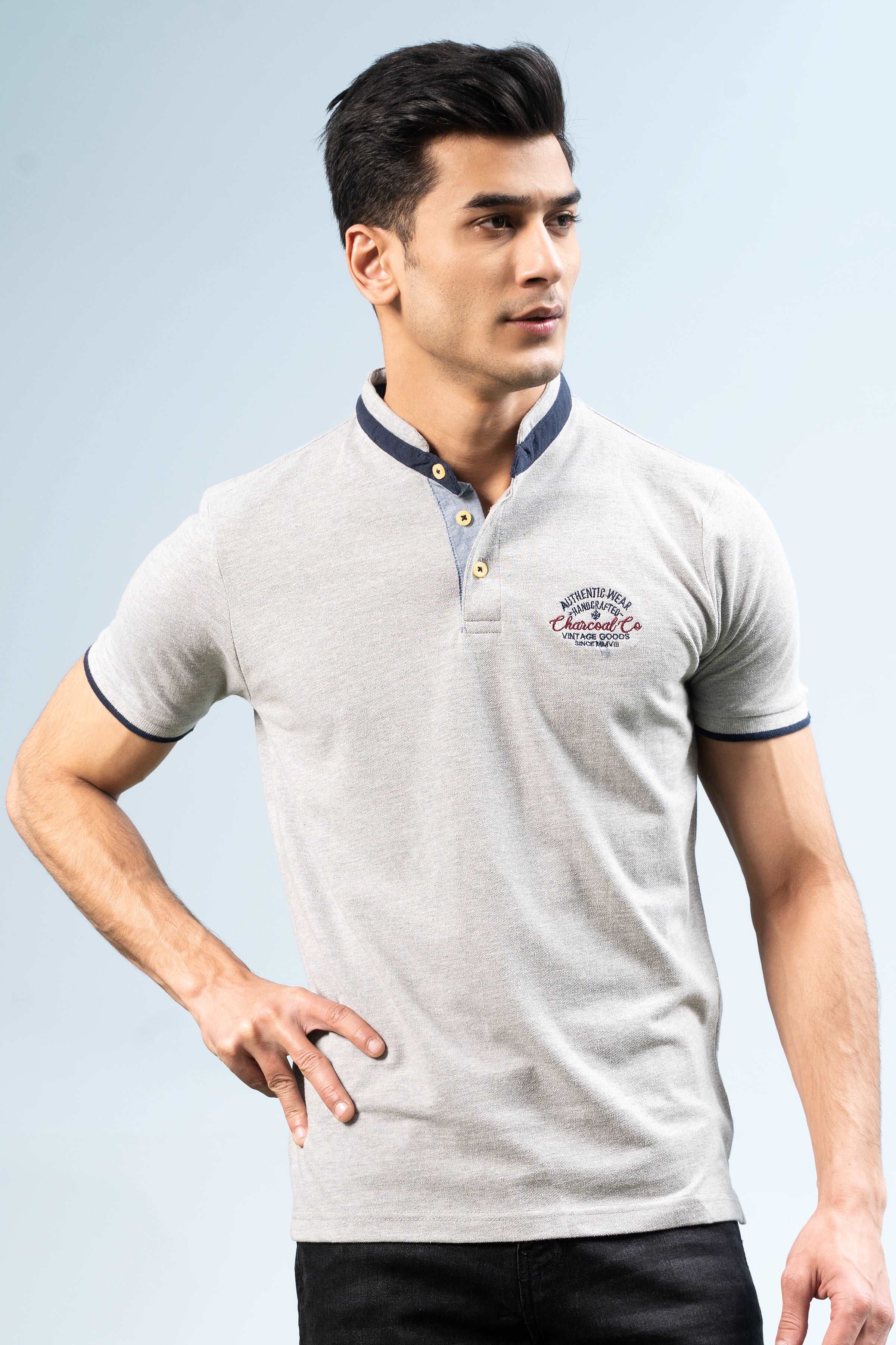 BAN COLLAR POLO HYDER GREY at Charcoal Clothing