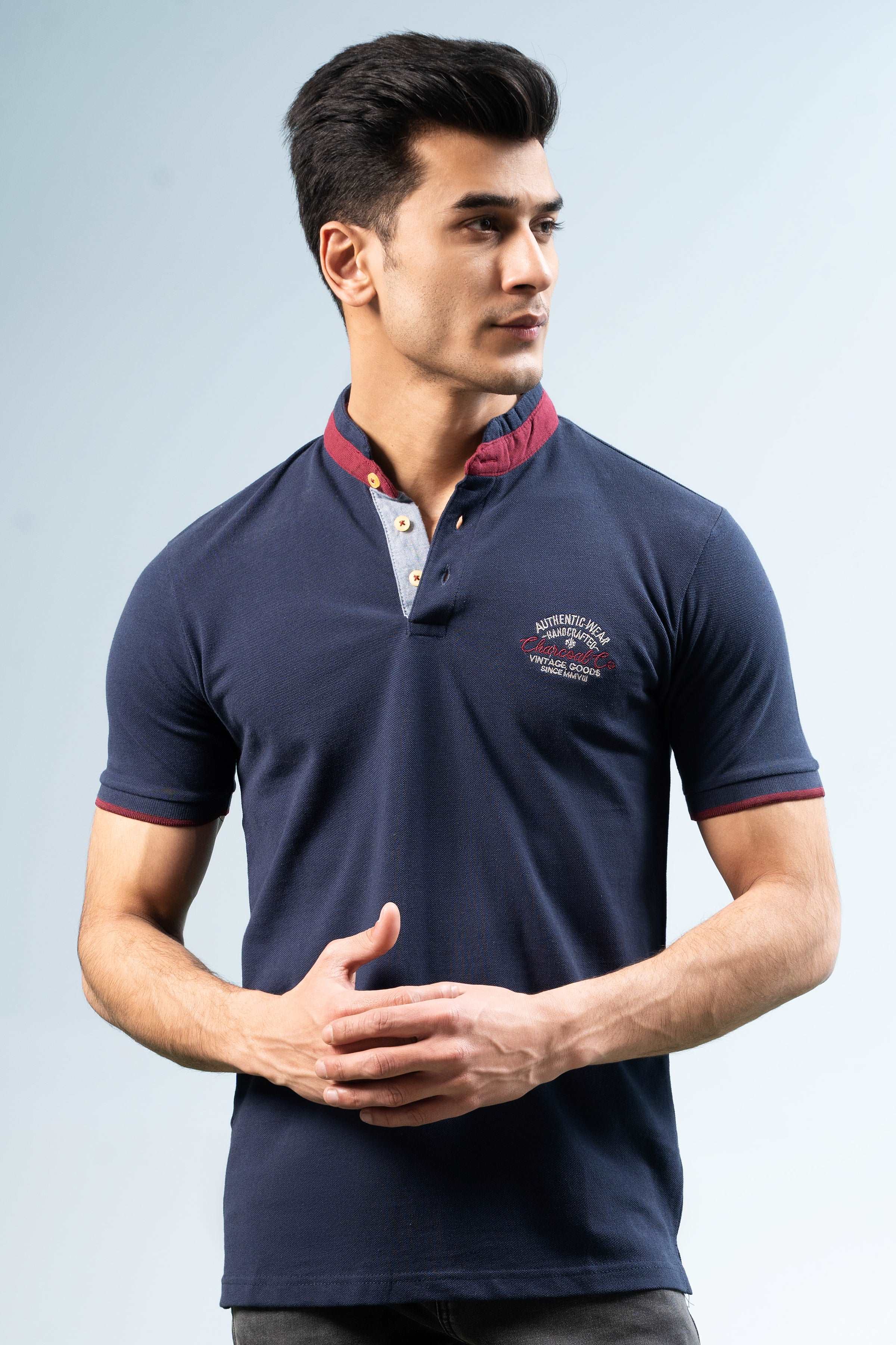 BAN COLLAR POLO NAVY at Charcoal Clothing