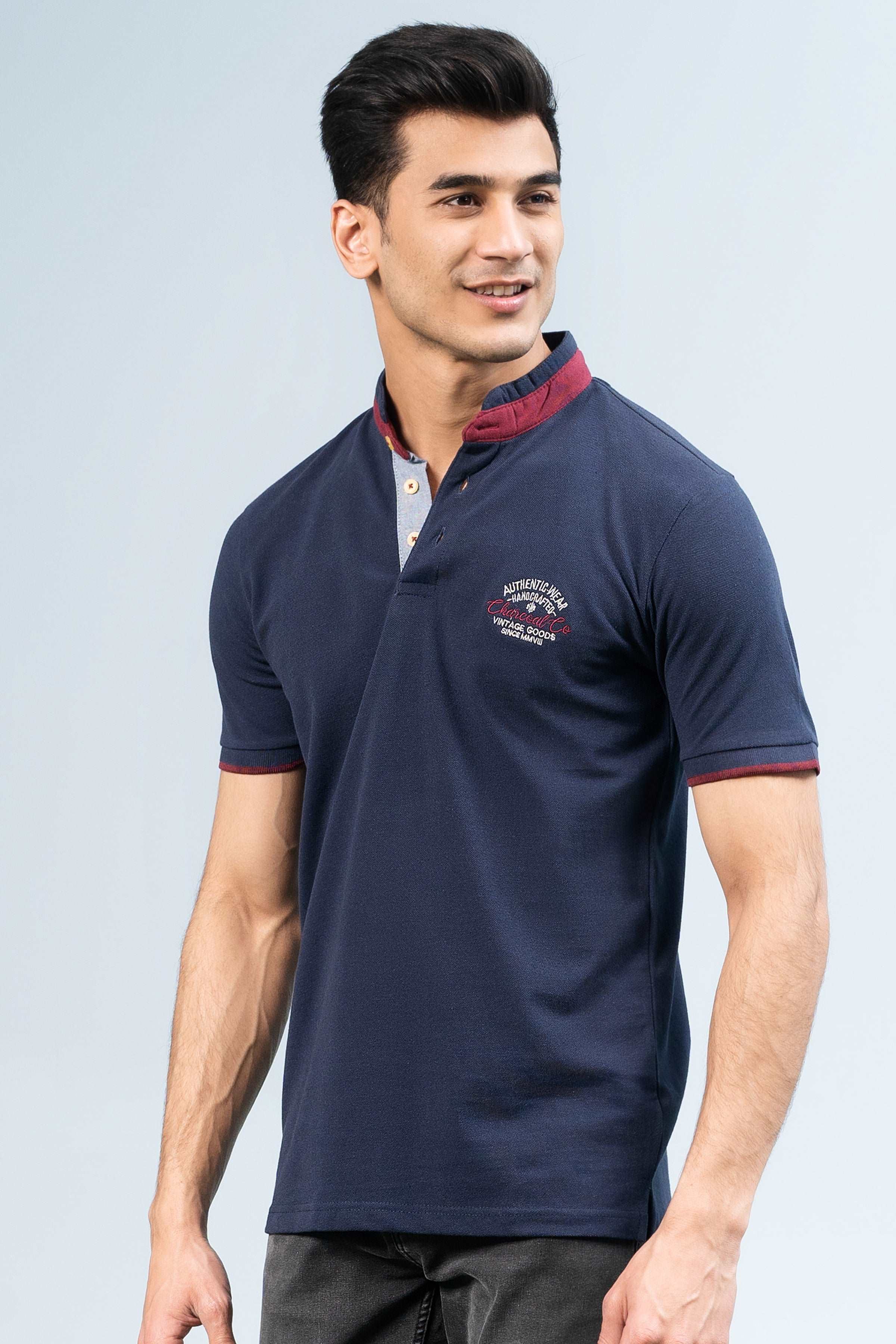 BAN COLLAR POLO NAVY at Charcoal Clothing