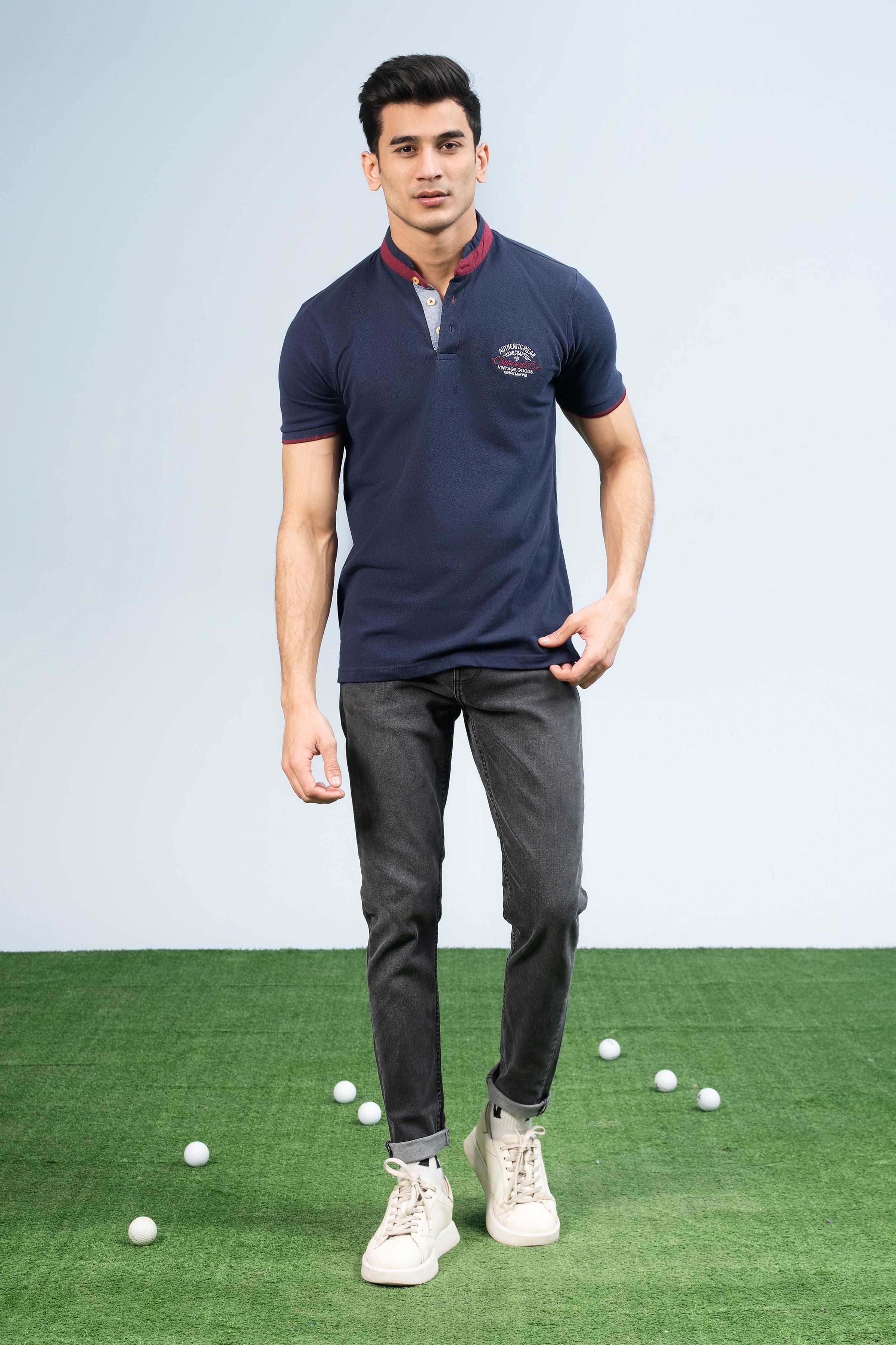 BAN COLLAR POLO NAVY at Charcoal Clothing