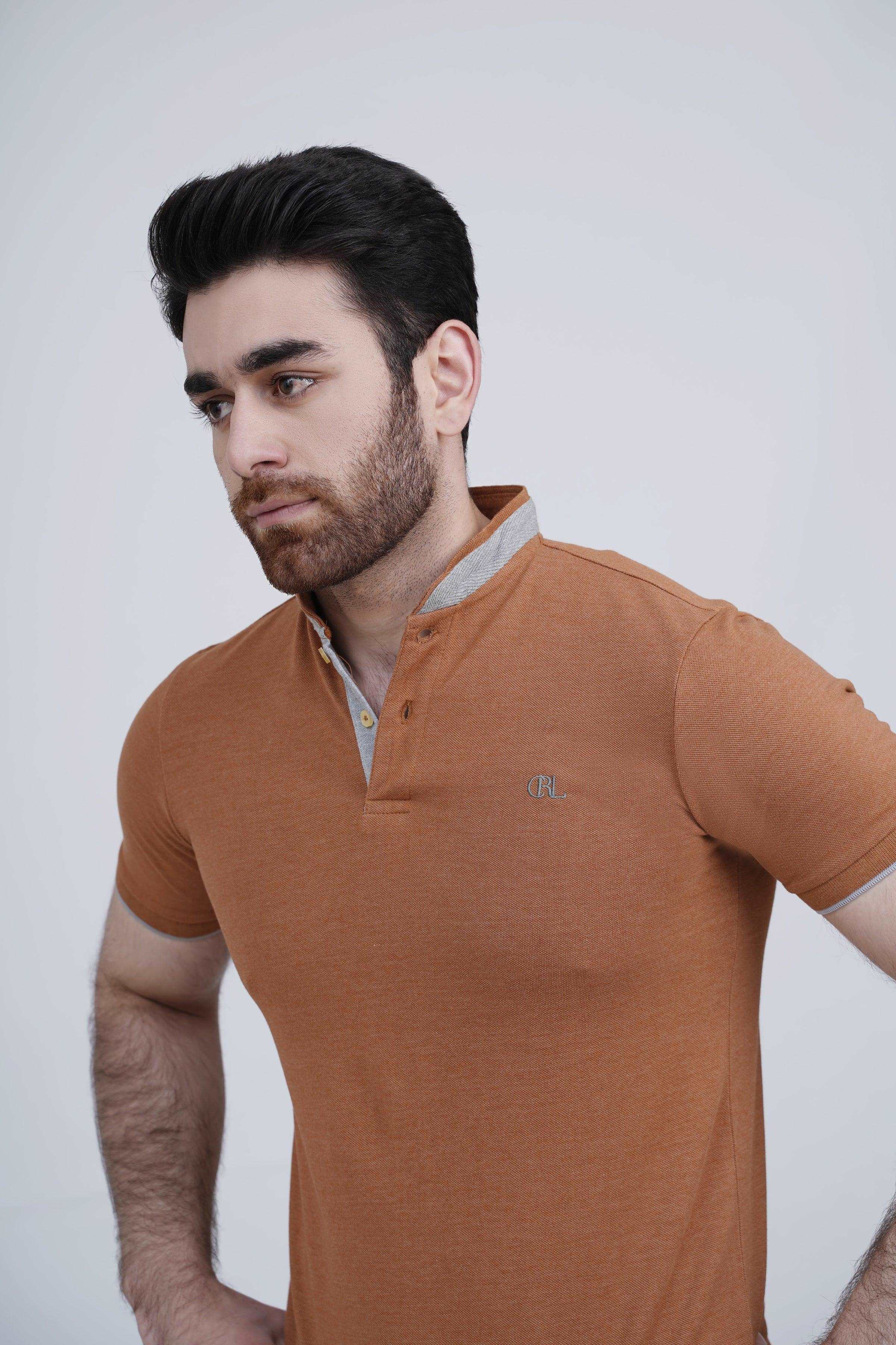 BAN COLLAR POLO RUST at Charcoal Clothing