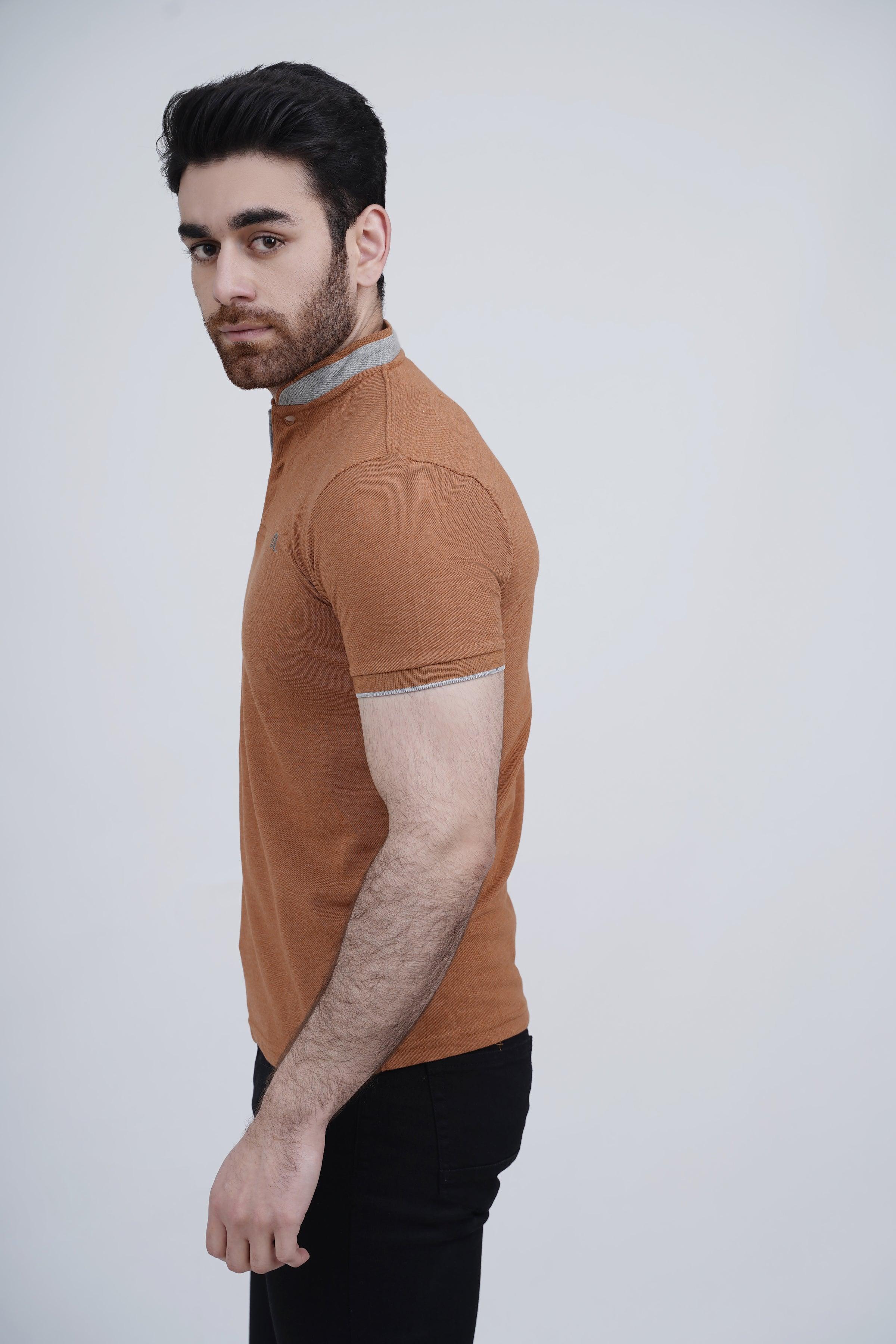 BAN COLLAR POLO RUST at Charcoal Clothing