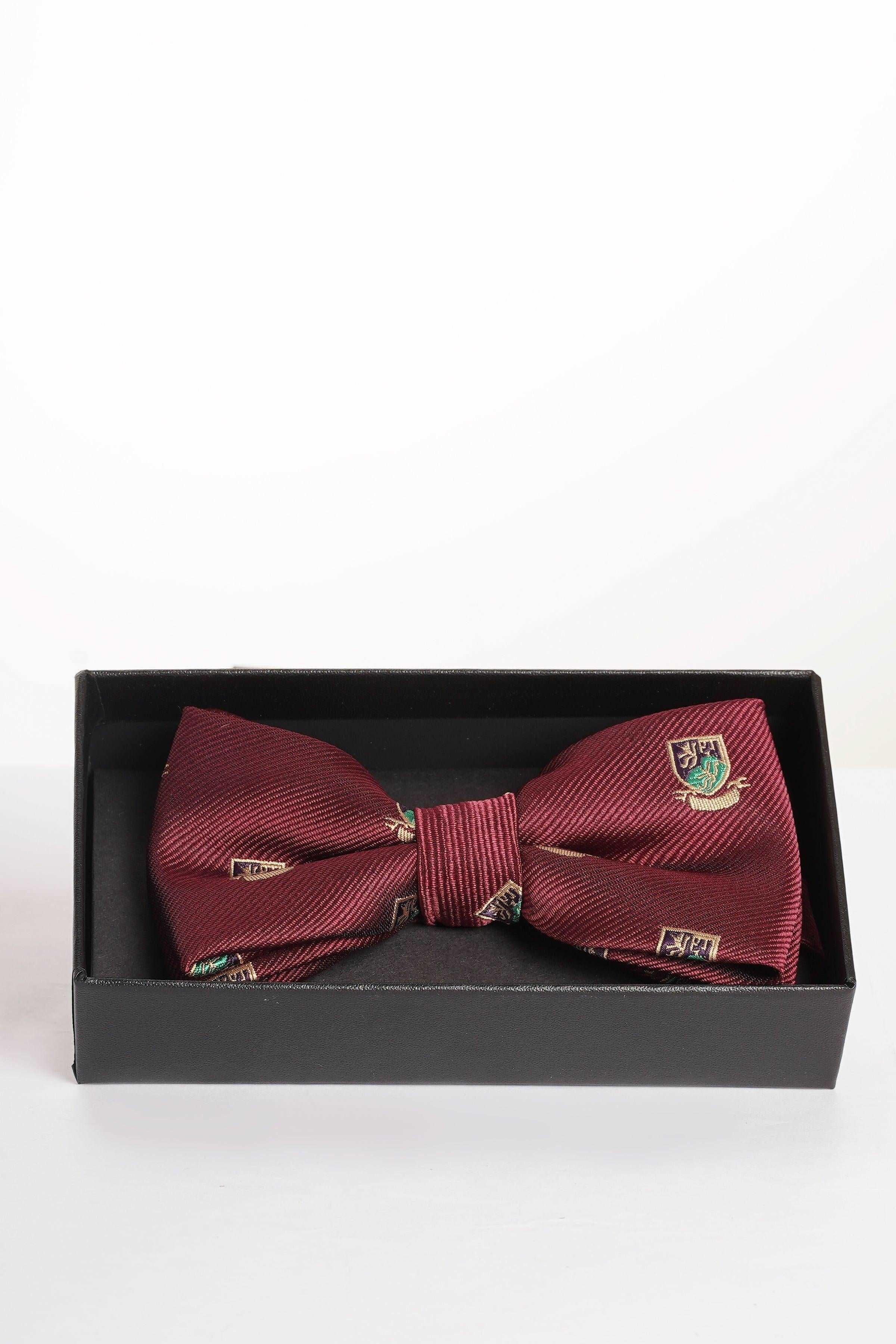 Burgundy striped bow tie in gift box with clip-on center knot