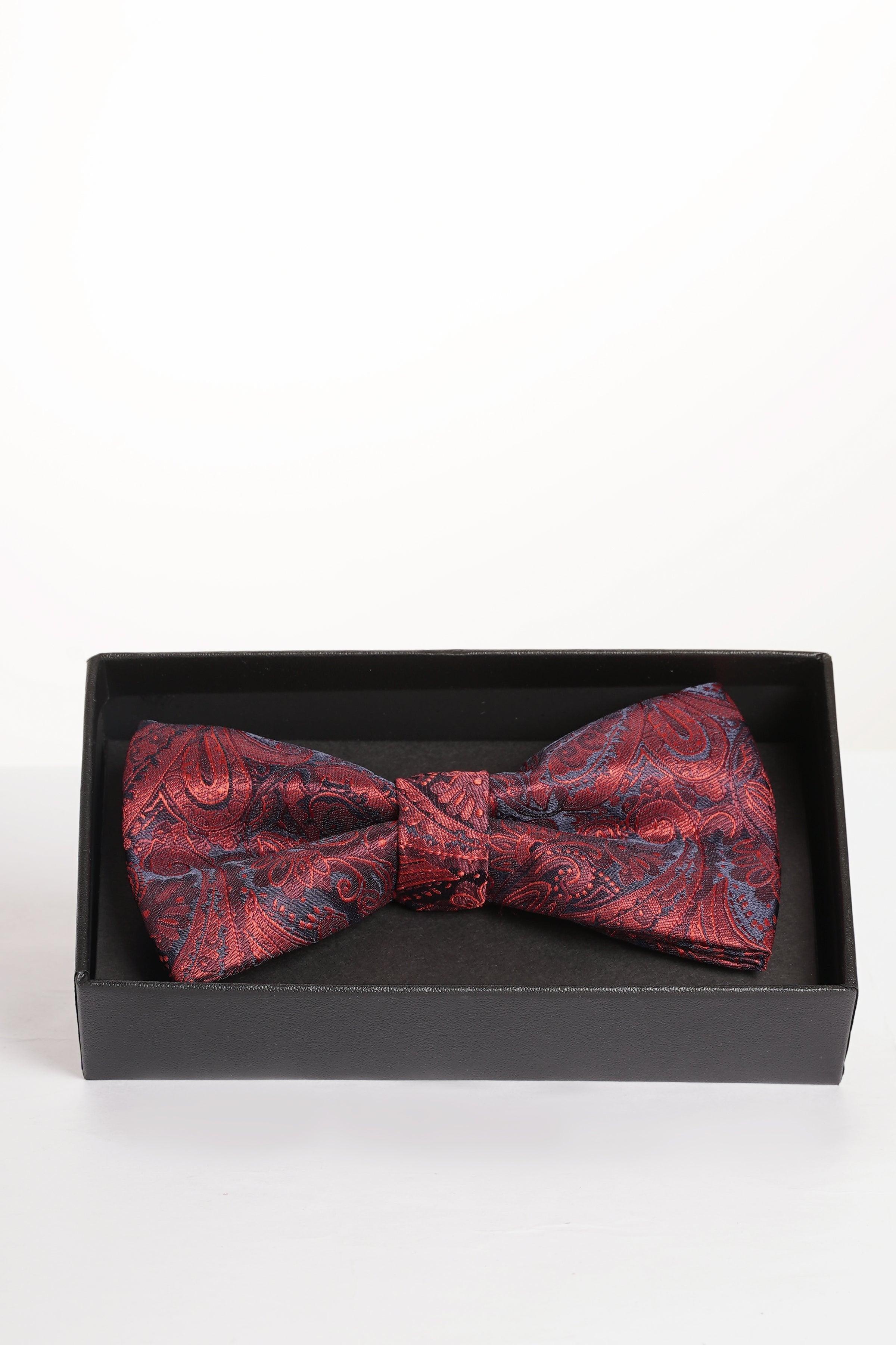 Burgundy patterned bow tie, neatly tied in a butterfly shape